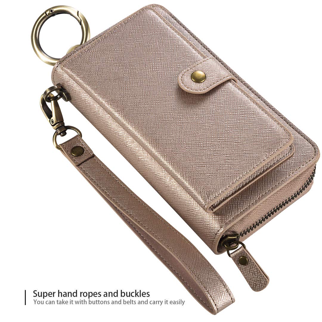 LITOU Compatibile con iPhone 14 Custodia a portafoglio con cinturino in pelle PU, con cerniera, porta carte e custodia posteriore magnetica rimovibile per uomini e donne, RG