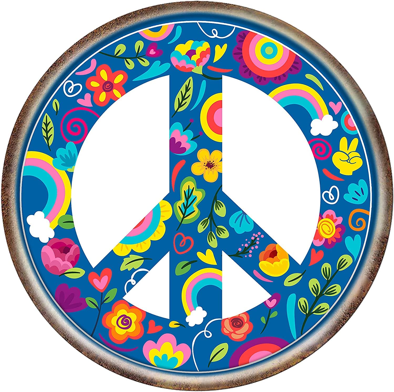 Vintage Round Signs Peace Sign Metal Sign - Wreath Hippies 60s Psychodelic Hope Love Freedom Equality Welcome Wall Decor Metal Signs Funny Tin Signs Metal Art Poster Man Cave Bar 12x12 Inch