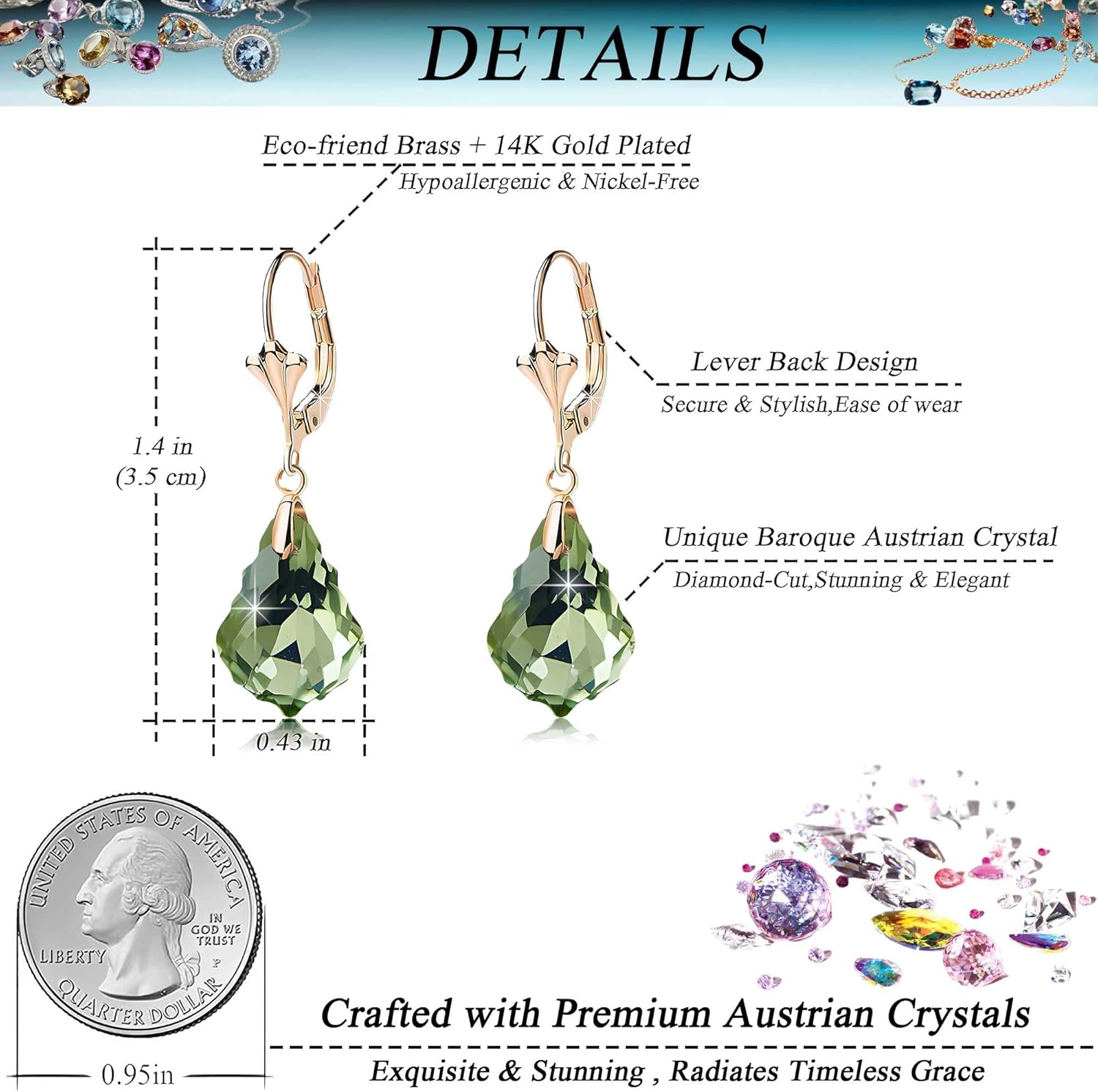 Austrian Crystal Baroque Drop Leverback Earrings for Women Fashion 14K Gold Plated Hypoallergenic Jewelry - Image 4