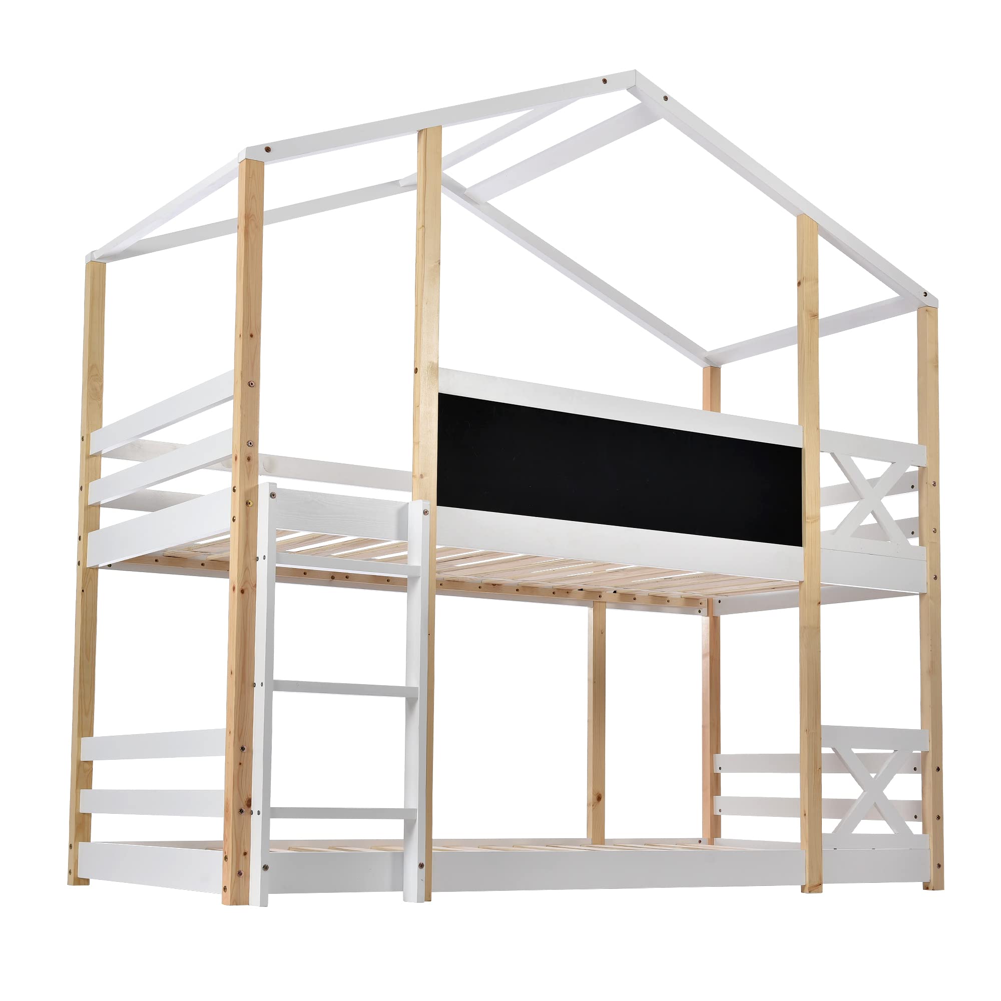 Letto A Castello In Legno Massello Per Bambini 90x200 Cm - Multifunzionale Con Scala, Recinzione Alta, Piccola Porta, Bianco - 6