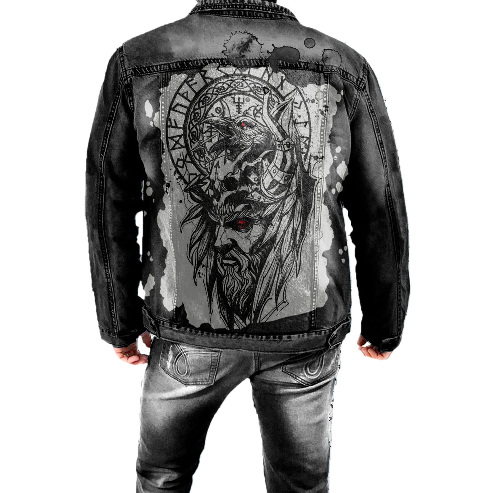 Kewing Men's # 1 Punk Denim Jacket Viking Retro Printed Denim Jacket Slim Long Sleeve Streetwear Lapel Jacket