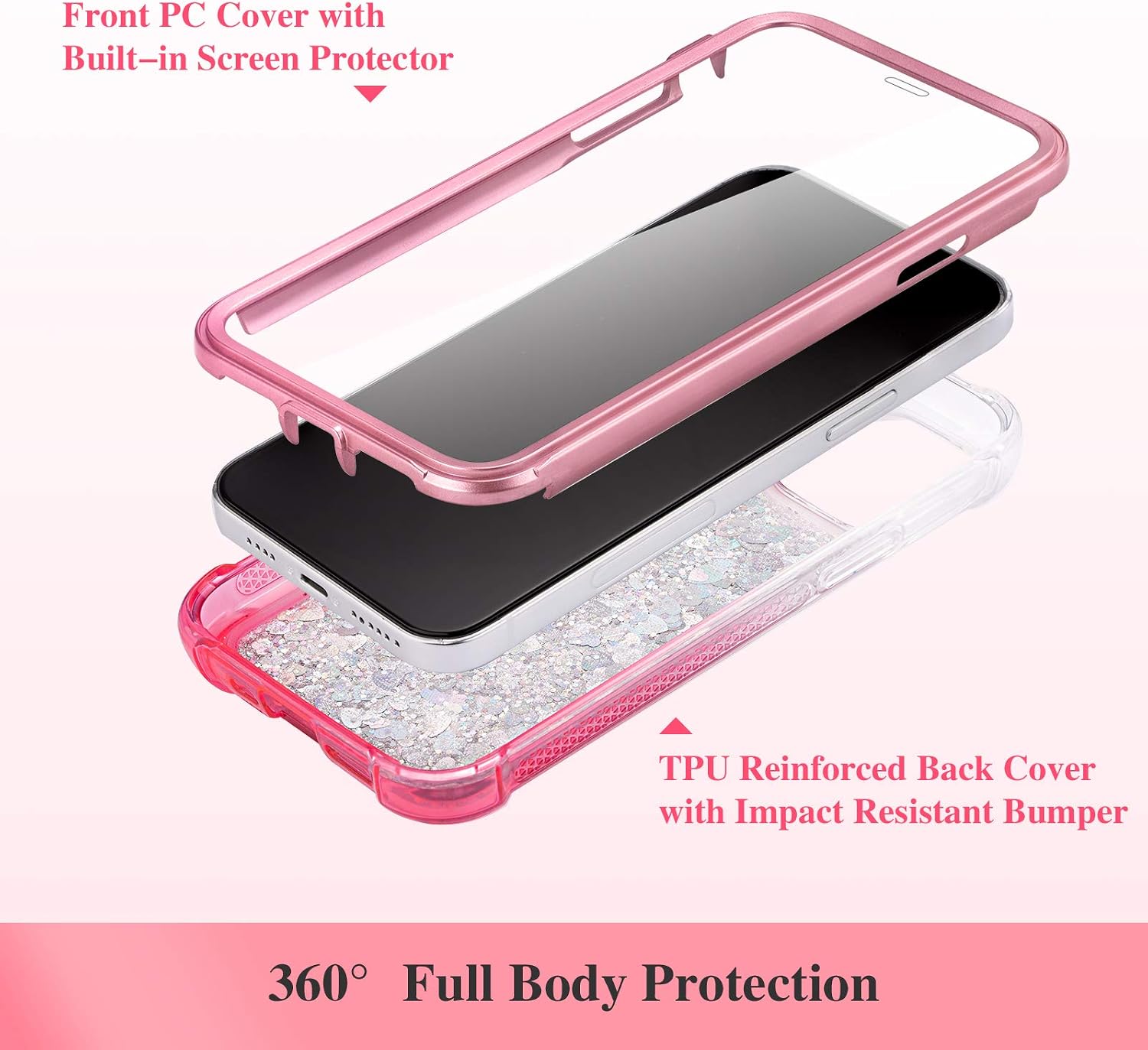 Ruky Case for iPhone 12 Pro Max Full Body Case Glitter Liquid Rugged Cover with Built-in Screen Protector Soft TPU Heavy Duty Shockproof Girls Women Phone Case for iPhone 12 Pro Max (Gradient Pink)