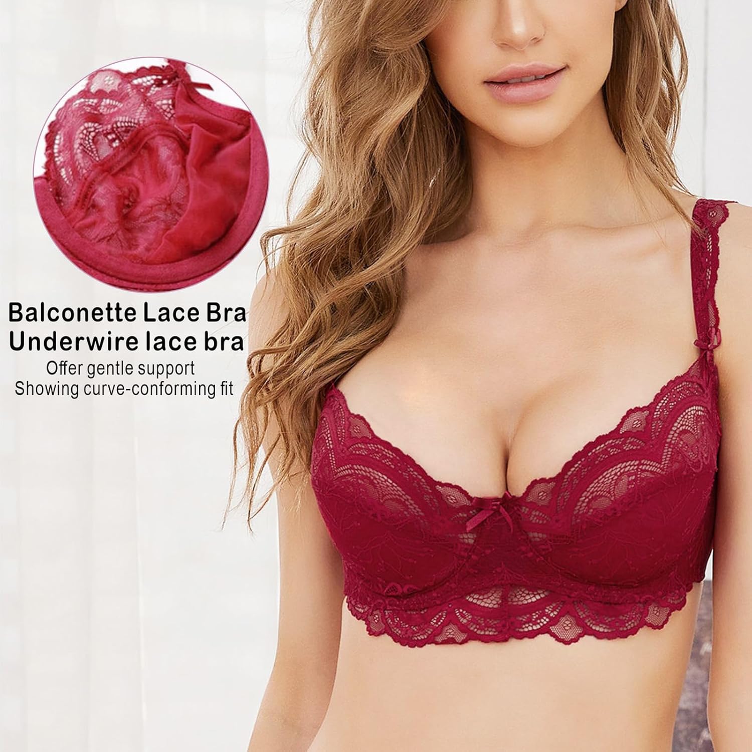 Women's Lace Balconette Bra Underwire Non-Padded Soft Cup Comfort Everyday Bras - Image 2