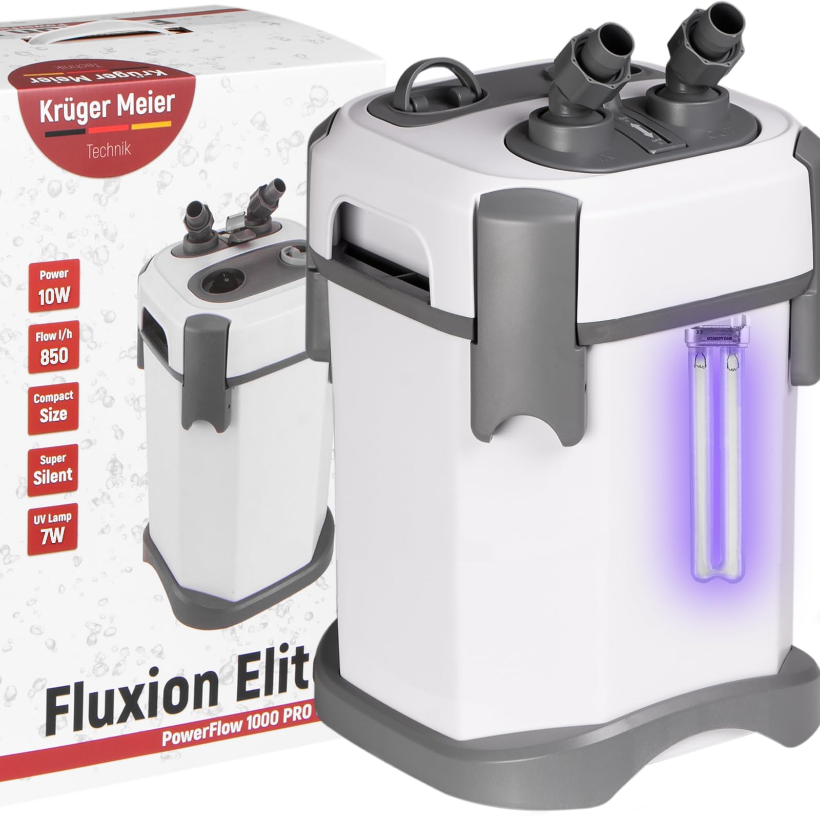 Fluxion Elite 1000 UVC PRO Außenfilter für Aquarium 80–180L, mit 7W UV-Klärer, 2 Filterkörben, regulierbarem Durchfluss, leiser Aquarienfilter