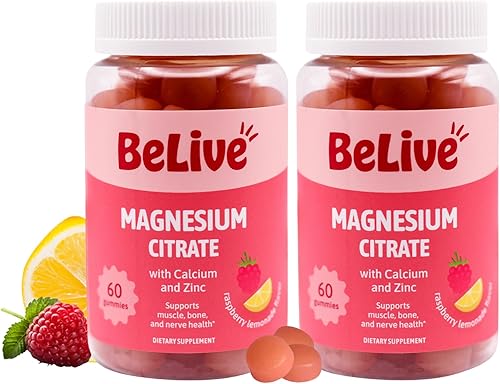 BeLive Gomitas de citrato de magnesio con calcio y zinc para adultos y niños, suplemento de magnesio de alta absorción para la salud cognitiva,