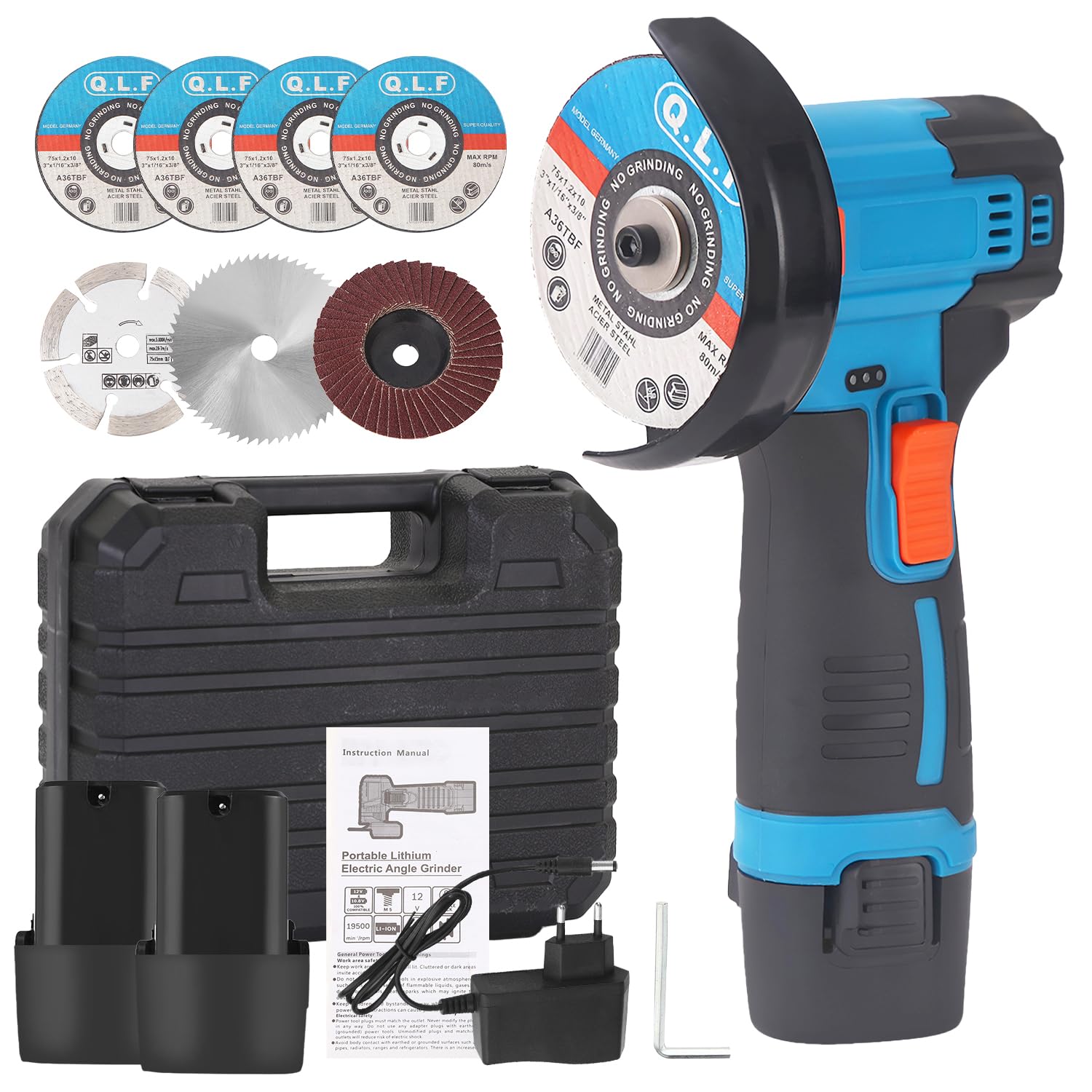 Mini Meuleuse D'Angle Sans Fil 19500RPM 12V Professional Disqueuse Sans Fil avec 2 batteries 4500mAh, 7 Disques à Tronçonner 75mm, Meuleuse d'angle pour Couper, Polir et Poncer