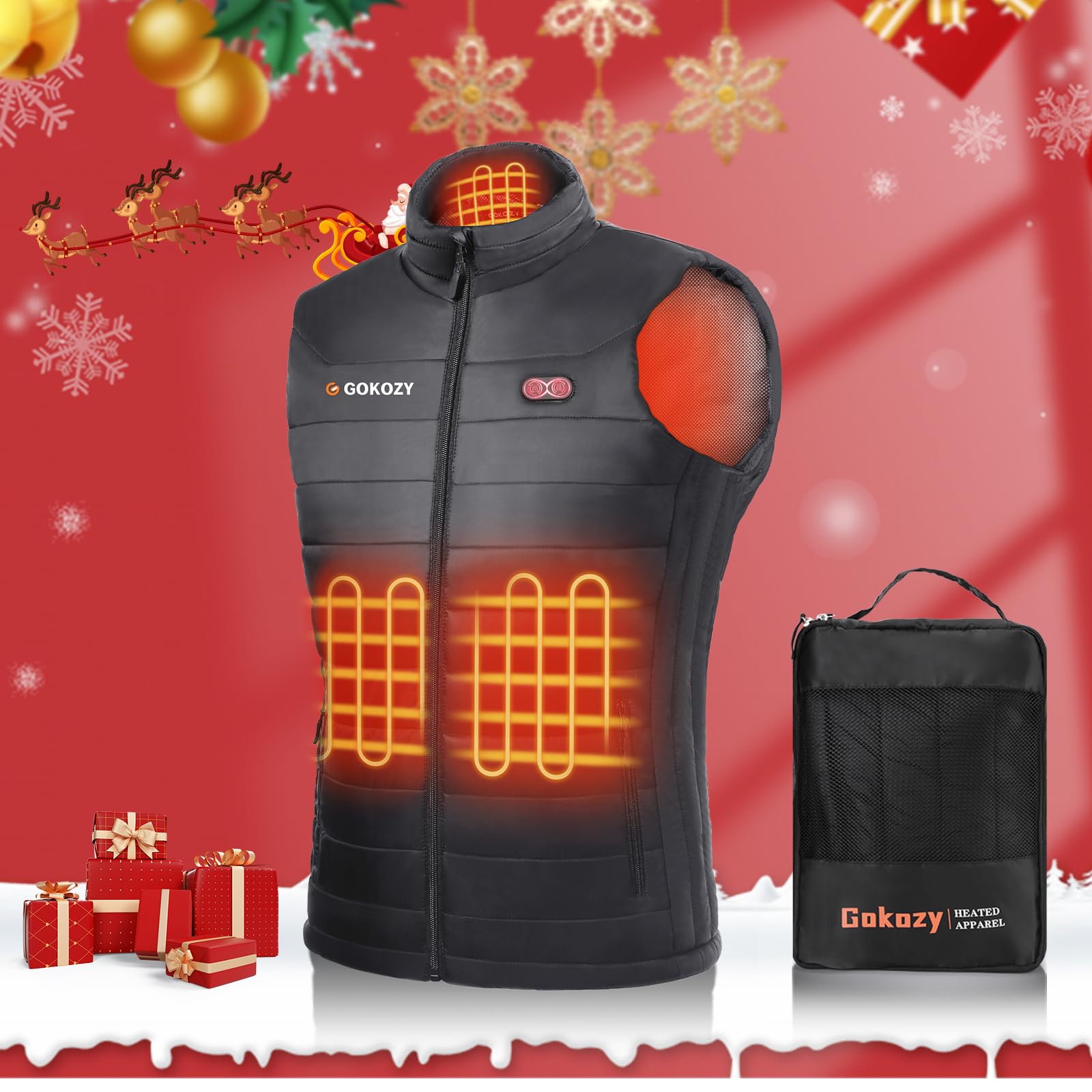 Gokozy gilet chauffant homme avec 10000mah batterie incluse pour 5 zones de chauffage Gilet chauffant Réglage en trois étapes pour un chauffage rapide intelligent chauffé pour la pêche et la chasse