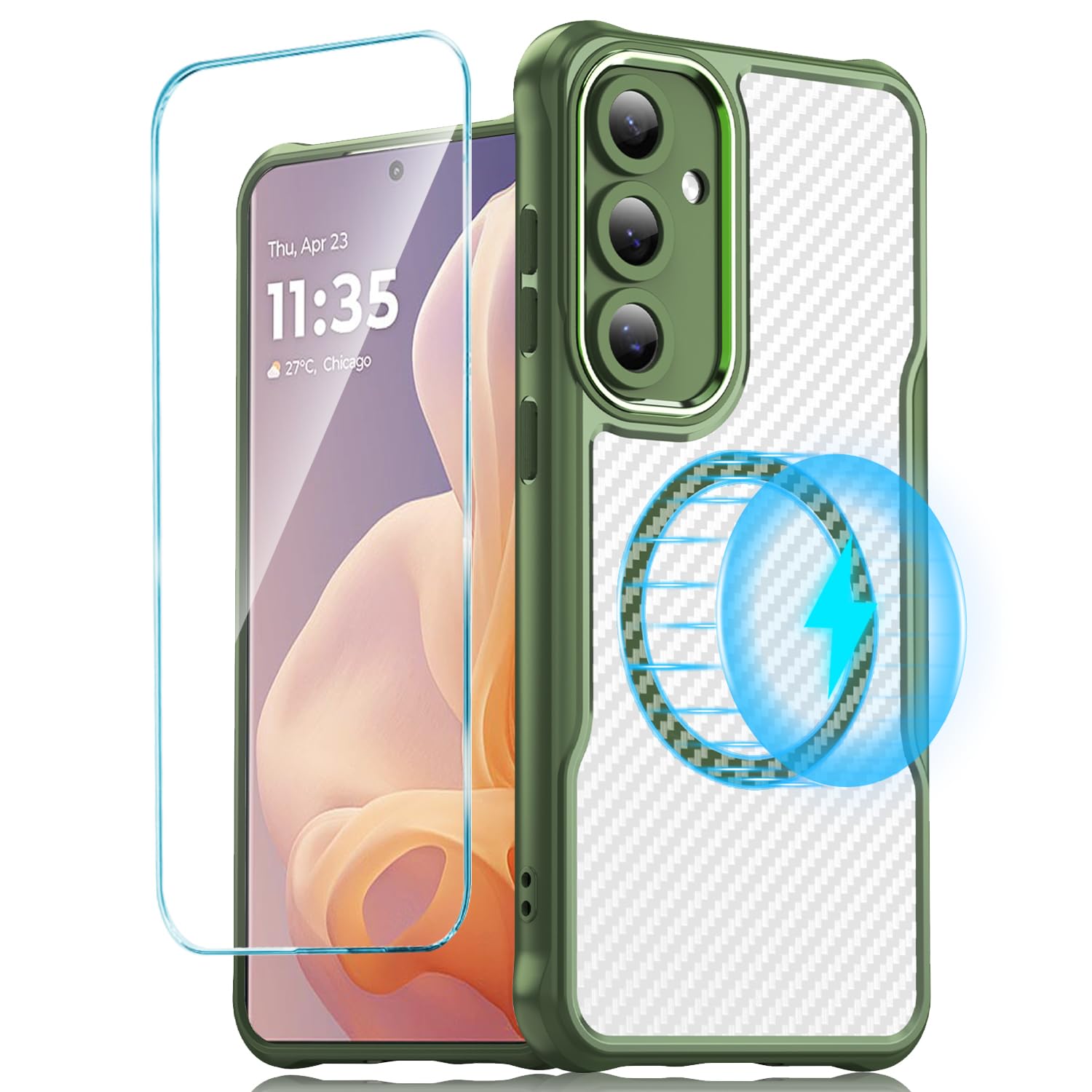 RJYWSQH for Galaxy S24 Fe case: with Magnetic Car Mount and Wireless Charging Capability Screen Protector for Samsung Galaxy S24 Fe,Green