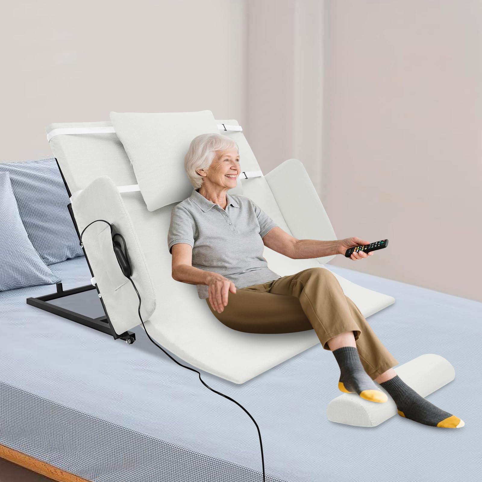 ACLICE Respaldo eléctrico ajustable 10-80° con mando a distancia, 100 kg, soporta 55 W, incluye cojín para medidores de piernas, color blanco, para ancianos, enfermería