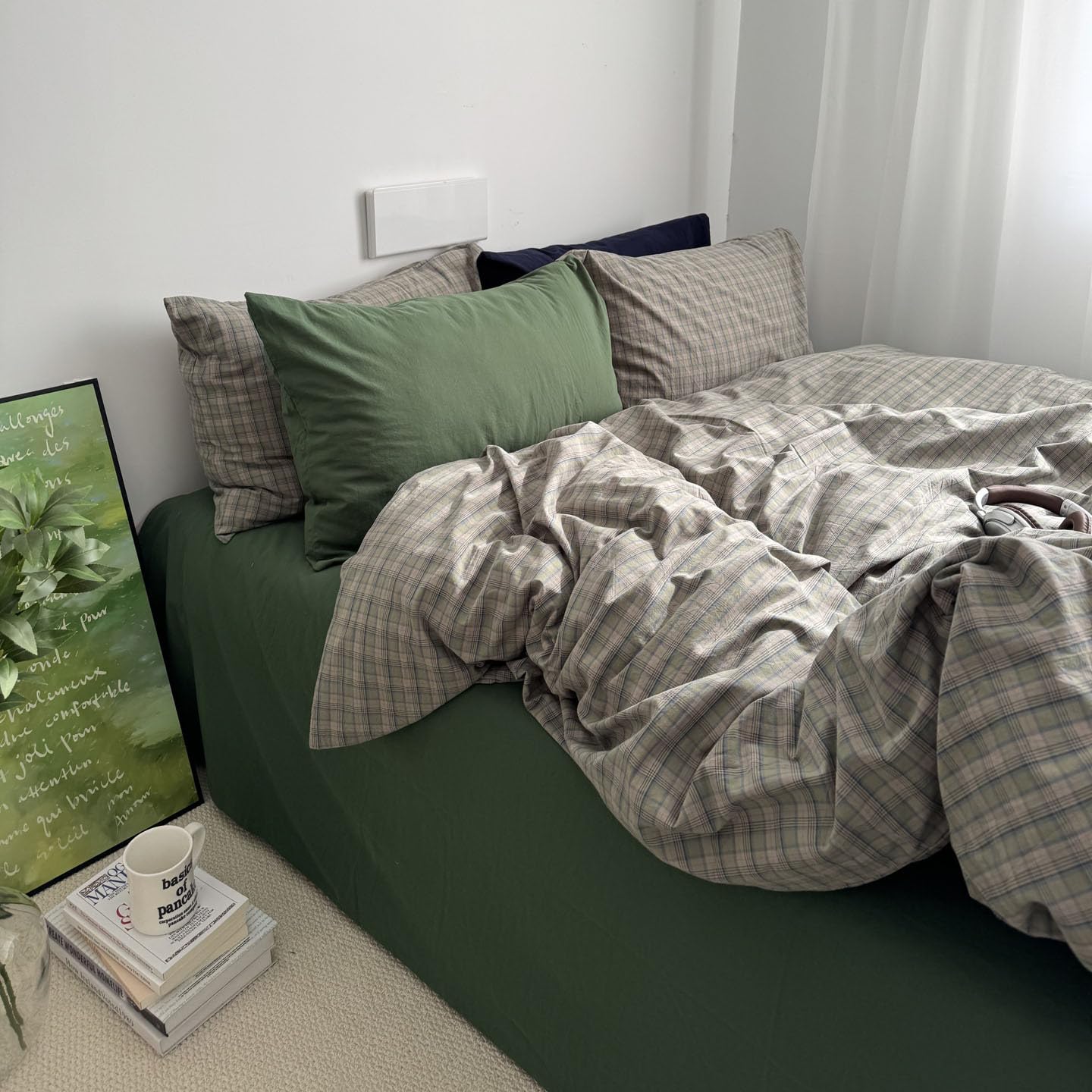 mixinni Vintage Green Buffalo Plaid Duvet Cover Set Twin XL - 3 Piece Mid-Century Washed Cotton Bedding Set with Grid Pattern, Ultra Soft &amp; Breathable Duvet Cover with Pillowcases for All Seasons
