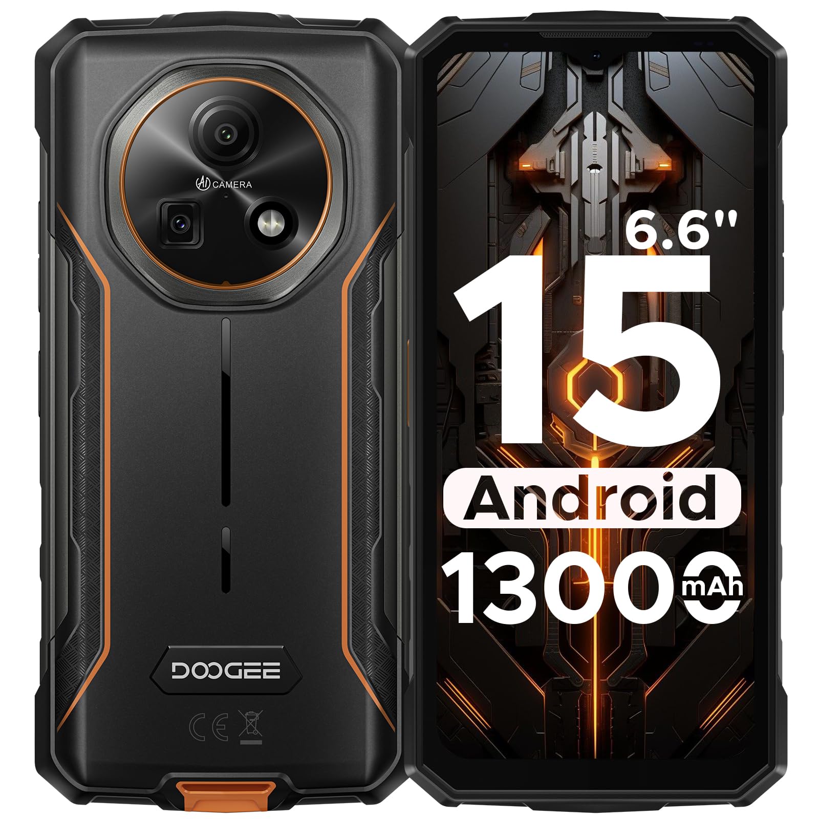 DOOGEE Fire 5 Rugged Smartphone 2025, 13000mAh Android 15 Telefono Indistruttibile, 6.6" 90Hz 12GB+64GB/2TB Octa Core Celluare Antiurto, 13MP+8MP Camera,Face ID/NFC/Triple Card Slot/OTG/GPS/IP68/IP69K