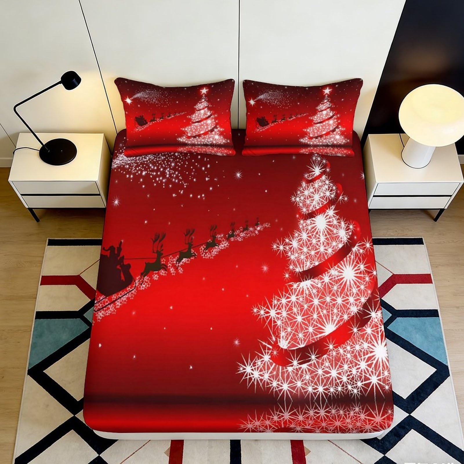 Jqzkxnhpbr Style-4 3D Printed Christmas Tree Fitted Sheet Microfiber Red Snow Santa Bed Cover For Bedroom Guest Room Decor 90X200x25cm