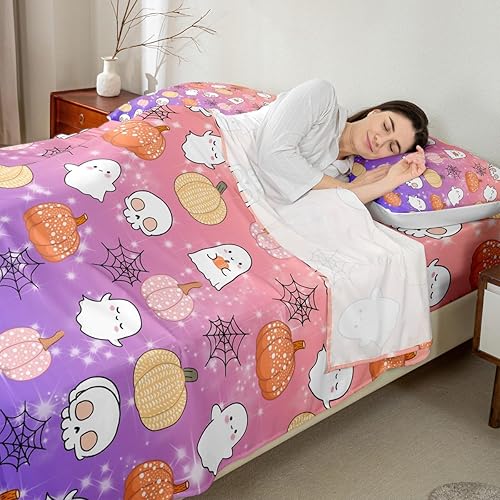 Miniatura 2 de Bonita sábana bajera de fantasma, tamaño individual, para niños, para Halloween, para niñas, niños, caricatura, calabaza, farol, telaraña, calavera,