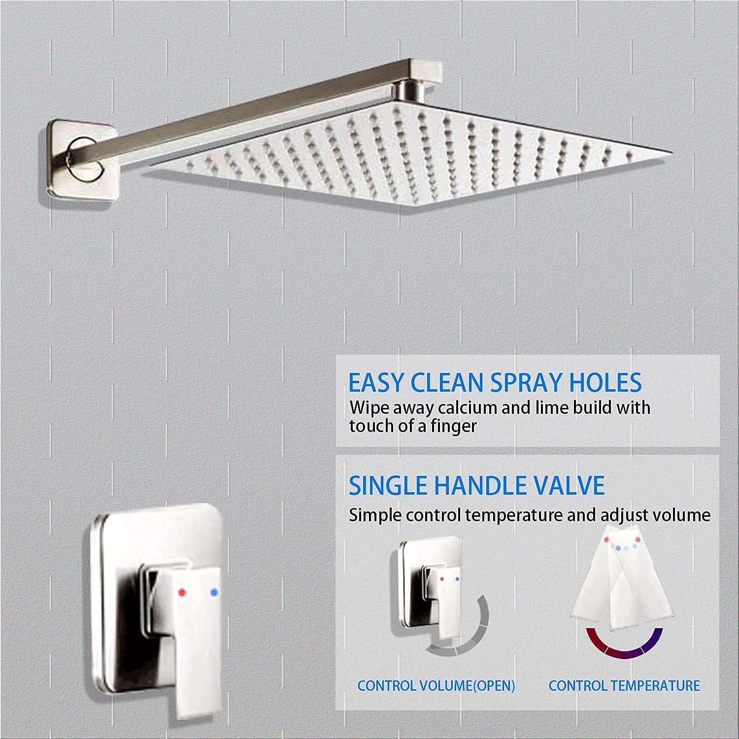 Brushed Nickel Shower Faucet GGStudy Single Function Shower Trim Kit with Rough-in Valve Shower Set Bath Rainfall Shower Faucet System 10 inch Square Stainless Steel Metal Shower Head