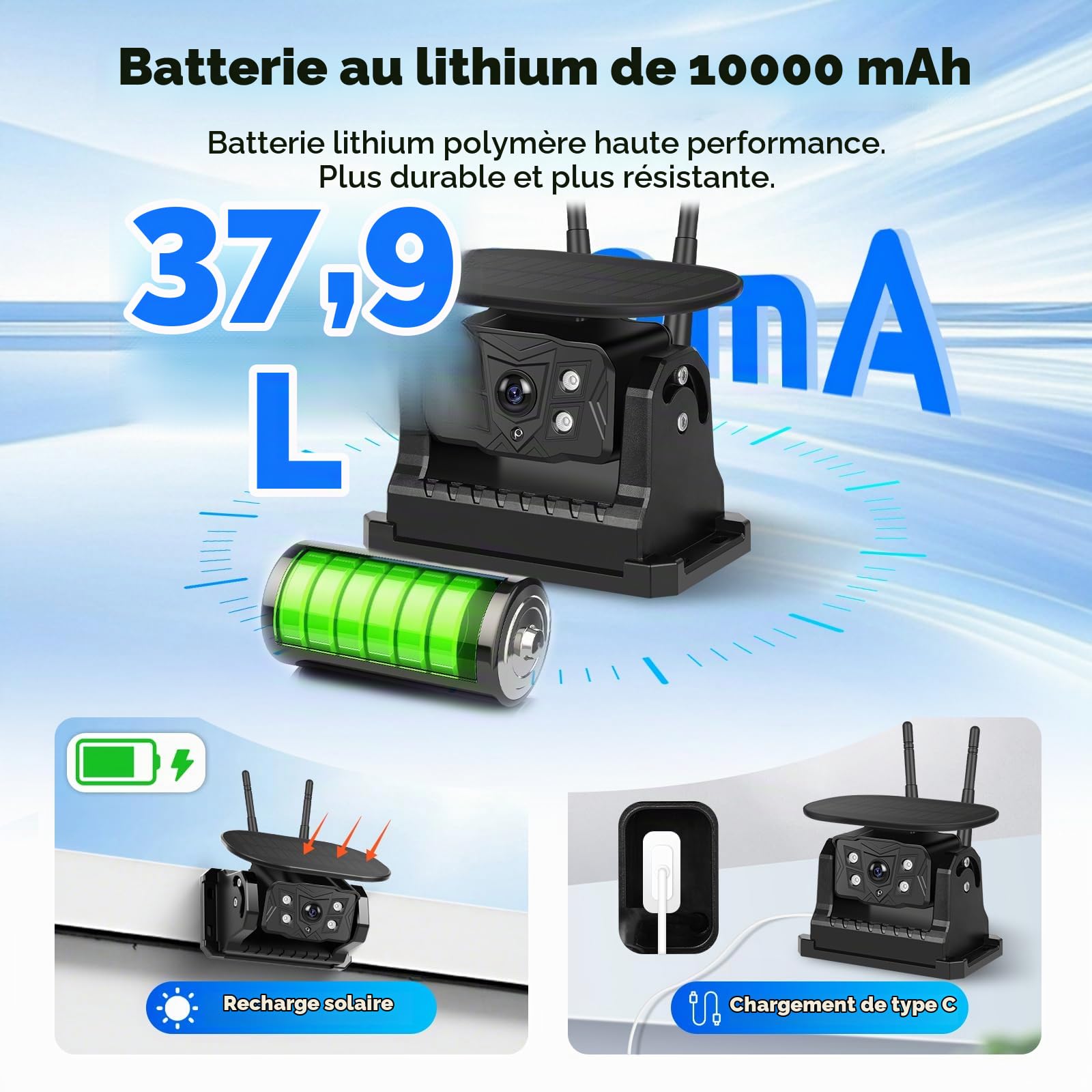 Hodozzy sans Fil Caméra de Recul Solaire, Ecran Tactile IPS 10,1 Pouces Moniteur avec Enregistrement en Boucle, Kit de Caméra Recul 10000 mAh avec BSD, Etanche, Vision Nocturne, Type-C, Ligne Recul
