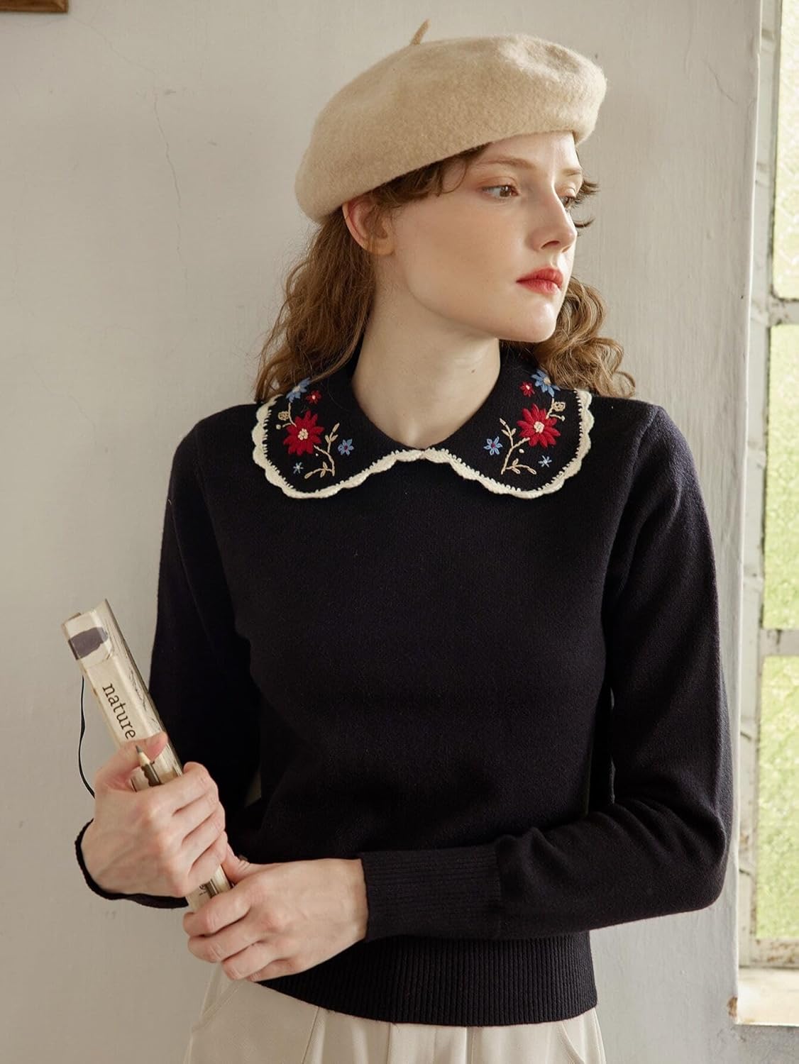 Women's Sweater Floral Embroidery Statement Collar Sweater Sweater for Women (Color : Black, Size : Small)