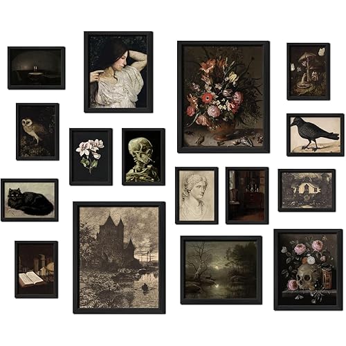16 PCS Framed Dark Academia Room Decor, Gothic Home Decor, Moody Wall Art Prints for Bedroom, Gallery Wall Frame Set, Witchy Posters for Living Room Aesthetic, Halloween Dorm Collage Kit