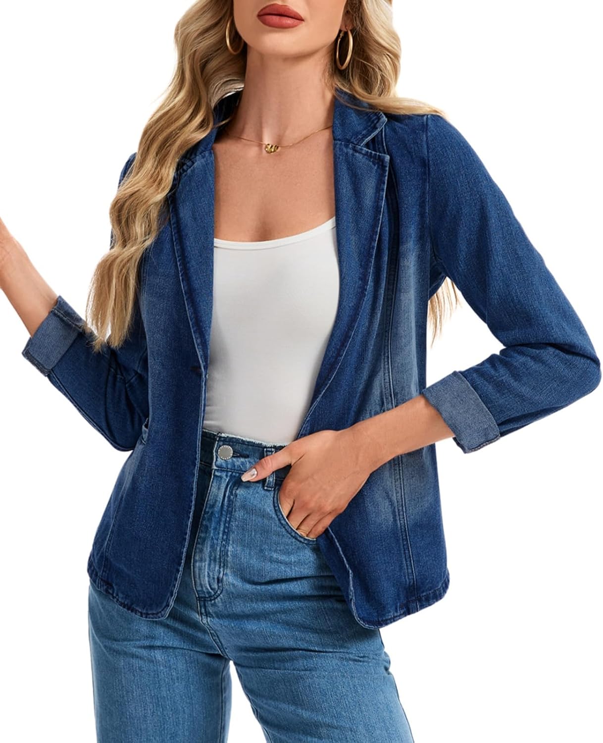 Womens Denim Jackets Long Sleeve Lapel Button Slim Office Pocket Washed Business Jean Jacket