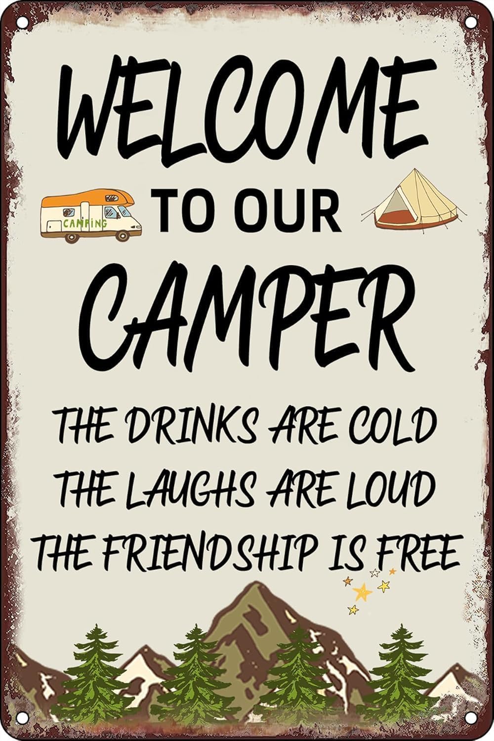 SMAZDFXX Camper Decor Vintage Metal Tin Signs Camping Accessories Campers Decorations Sign Funny Campsite Rules Travel Wall Decor for Home Welcome Decorations 5.5"x8"