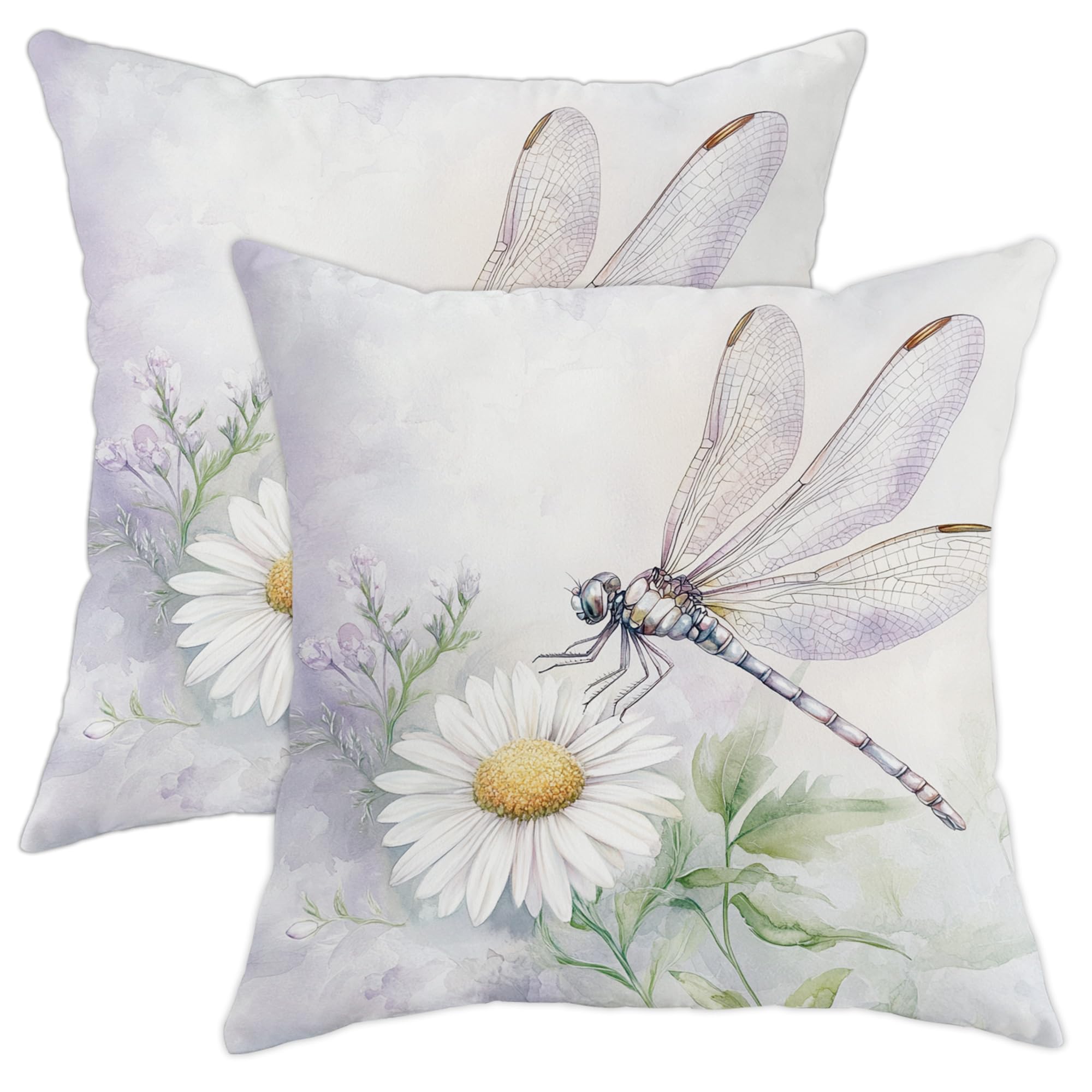 Dragonfly Pillow Covers Set of 2, Violet Floral Spring Decorative Throw Pillow Cases, Outdoor Nature Inspired Couch Cushions for Home Sofa Bed Decor