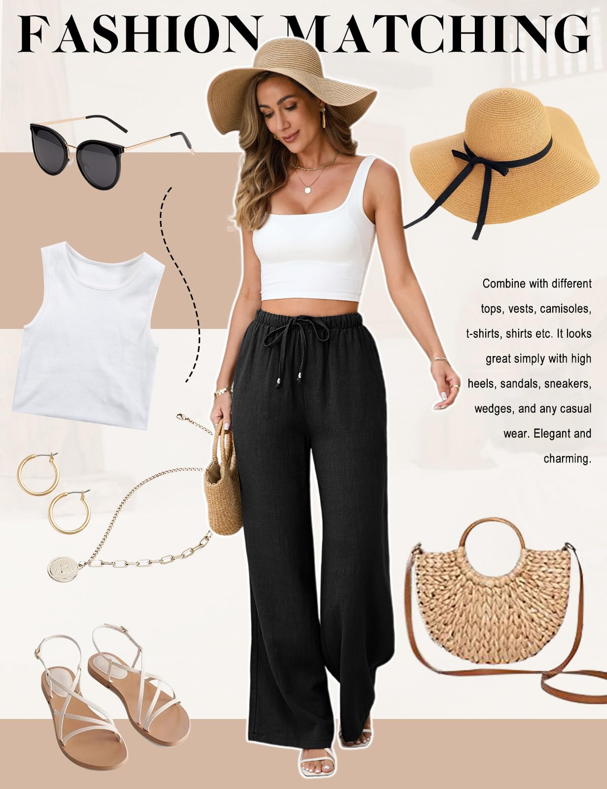CMTOP Femme Pantalon Fluide Été Lin Pantalons Taille Haute Elastique Pantalons Jambe Large Ample Pantacourt Plissé Décontracté Léger Longueur Pants de Plage avec Poches