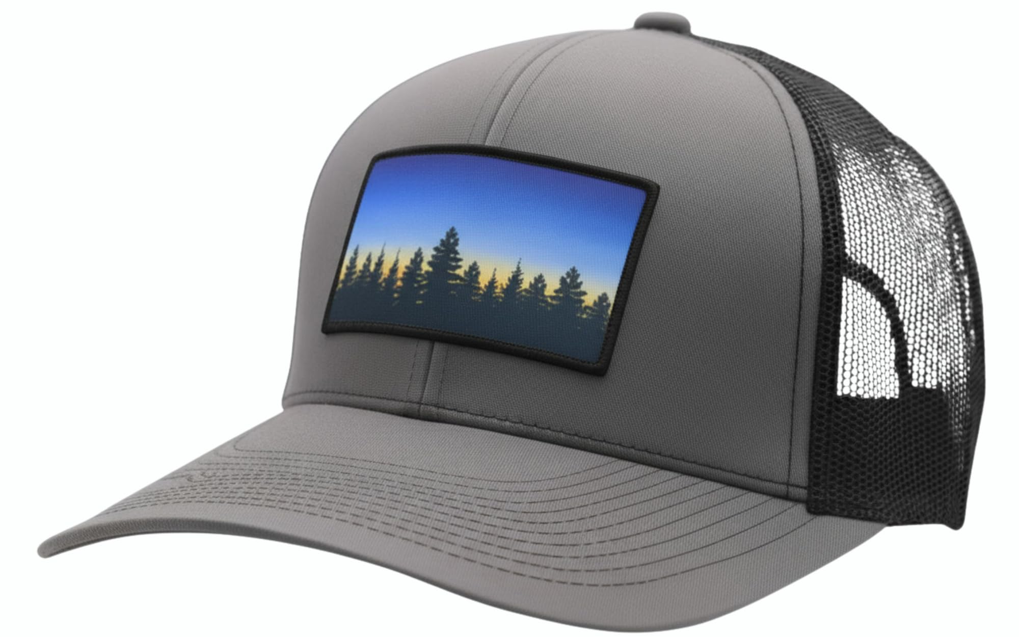 LINDO Trucker Hat [ Treeline Sunset Design ] for Men and Women: Mid Profile Cap with Breathable Mesh Back and Adjustable Snap