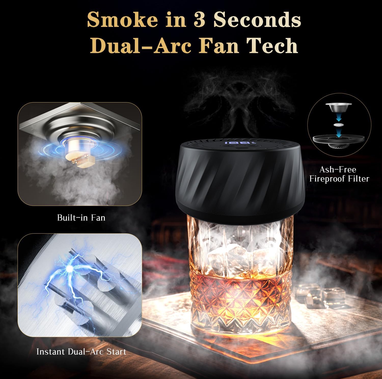 Electric Whiskey Smoker Kit, Cocktail Smoker Kit with LCD Display, No Butane Needed, Built-in Lighter, Old Fashioned Smoker Kit with 6 Wood Chips, Bourbon Whiskey Gifts for Men, Dad, Husband