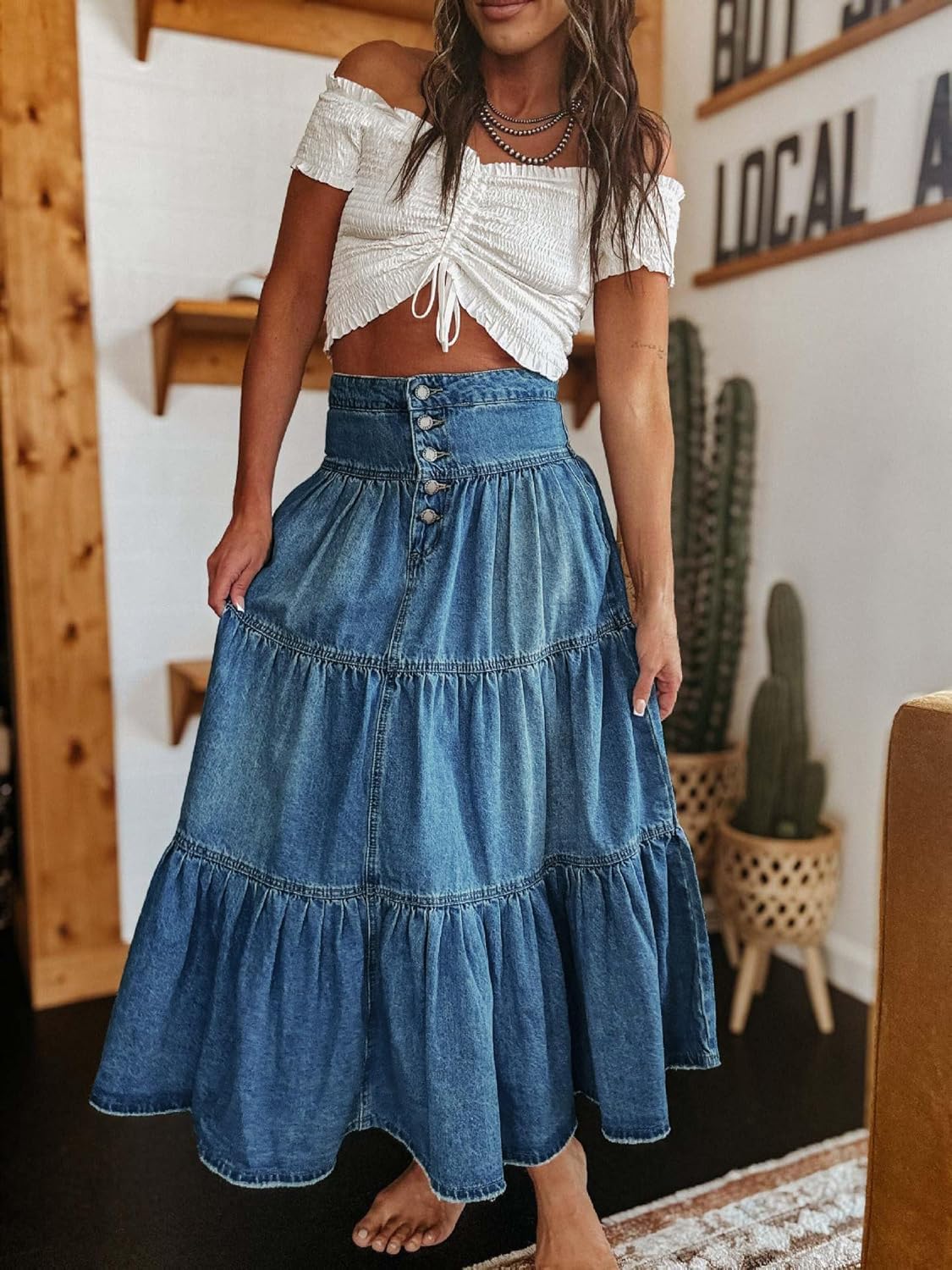 yoeasy Damen-Maxirock, hohe Taille, Denim, Knopf, Boho, fließend, plissiert, gestuft, Rüschen, Swing, A-Linie, Jeans, langer Rock