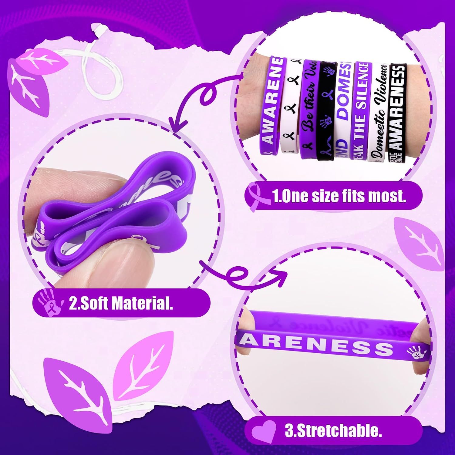 Moon Boat 144PCS Domestic Violence Awareness Bracelets Bulk: Purple Silicone Rubber Wristbands Decorations Gifts Party Favors