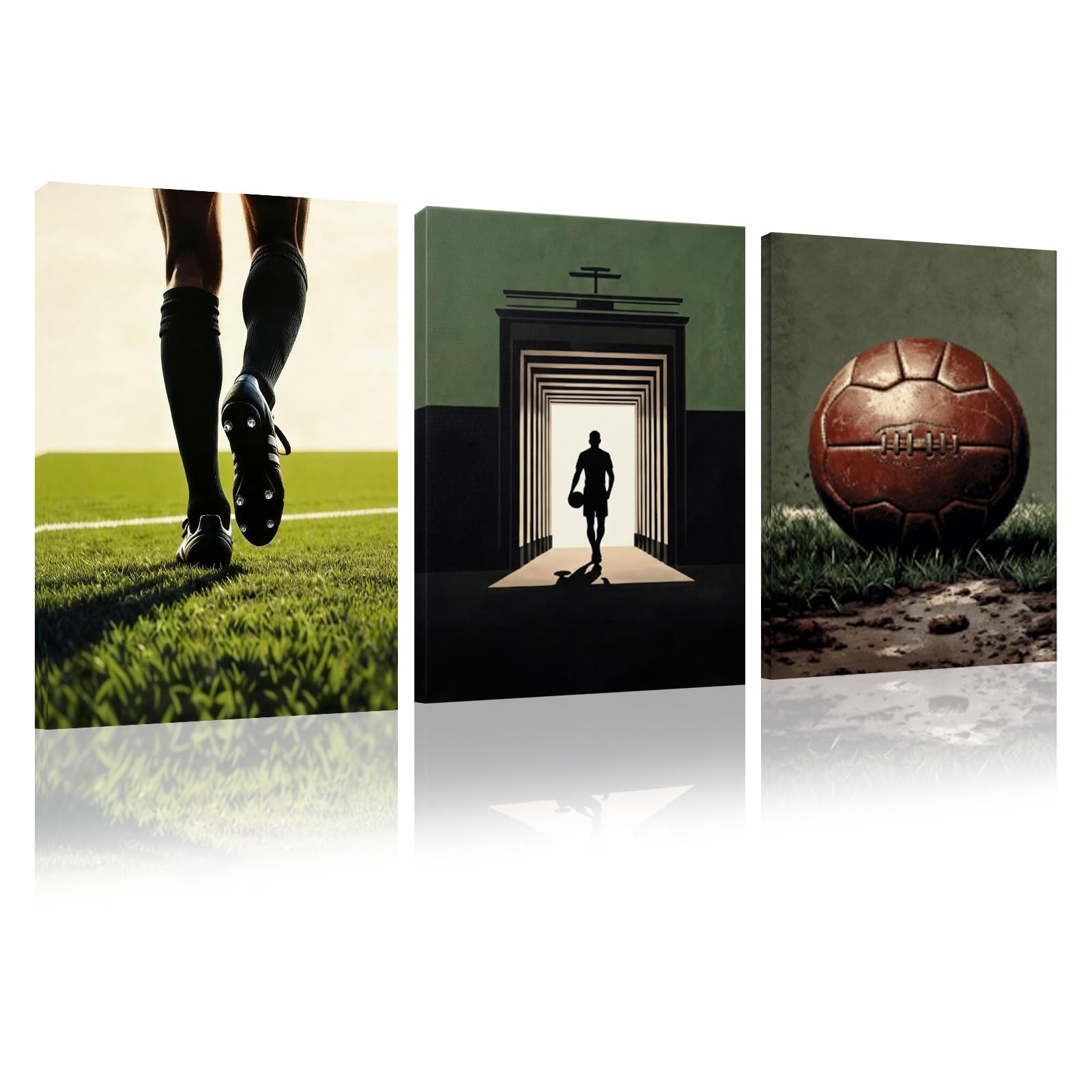 hocadon 3Pcs Framed Wall Art Retro Wall Pictures Living Room Football 40x30cm Personalised Football Canvas Wall Art Bedroom Pictures for Wall for Teens Boy Dorm Home Decor