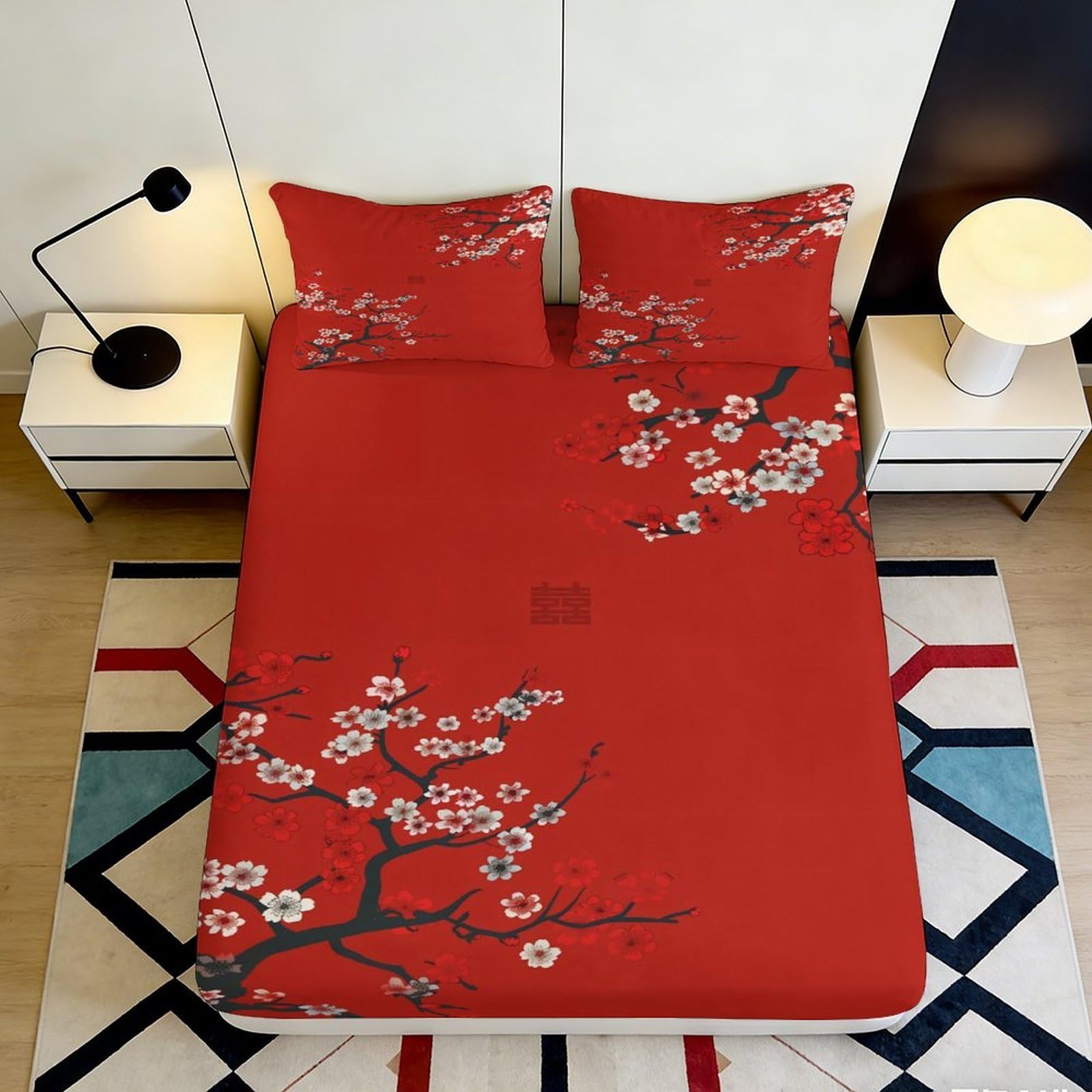 3D Printed Red Plum Blossom Fitted Sheet Microfiber Slip-Resistant Floral Mattress Cover for Bedroom Guestroom Decor 140x200x25cm