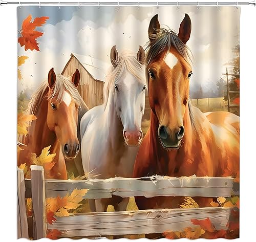 Cortina de ducha rústica con diseño de caballo, granja occidental, caballo retro, granero, garaje, vintage, acuarela, cortina de baño con ganchos
