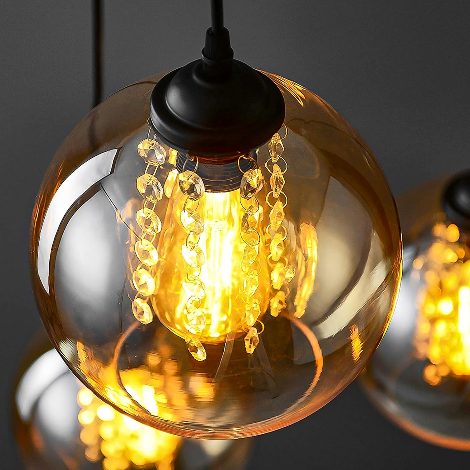 H.W.S Szklana lampa wisząca, kryształowa, nowoczesna, kulista, żyrandol, kreatywny design, lampa wisząca, z regulacją wysokości, dekoracja do wnętrz, lampa wisząca do salonu (amber, 3 palące się