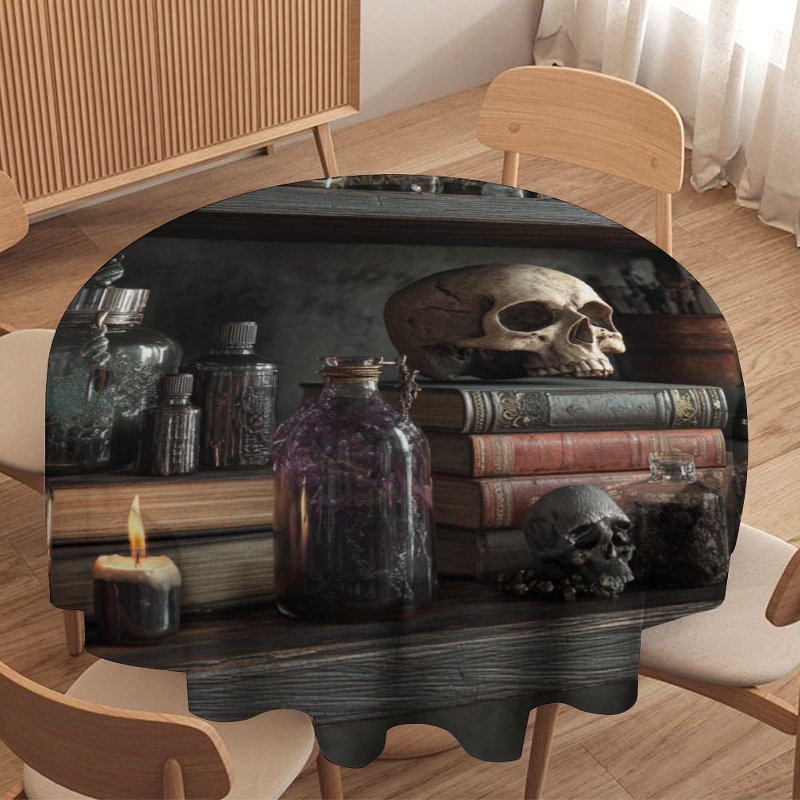 LUYYSKY Vintage Gothic Magic Bookshelf Waterproof Round Tablecloth Classic Gothic Halloween Skull Skeleton Print Washable Table Cover for Kitchen-177.8" Wx177.8 L cm