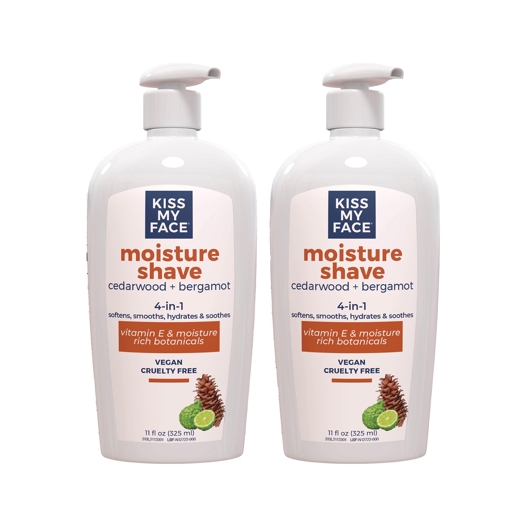 Kiss My Face Cedarwood + Bergamot Moisture Shave, 4 In 1 Shaving Cream, Cruelty Free And Vegan, With Added Olive Oil And Aloe Leaf Extract, Vitamin E Rich, 2-Pack, 11 fl Oz Pump Bottle