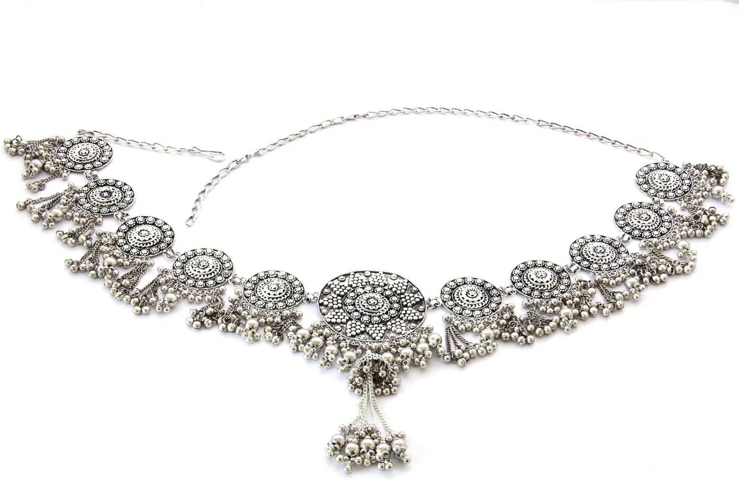 Handmade Womens Fashion Dress Sash Concho Boho Belt - Metal Chain Tassel Medallion Vintage Silver Wedding Bridal - Bohemian Gypsy Hippie Tribal Fusion Belly Dance Waist Decoration Jewelry