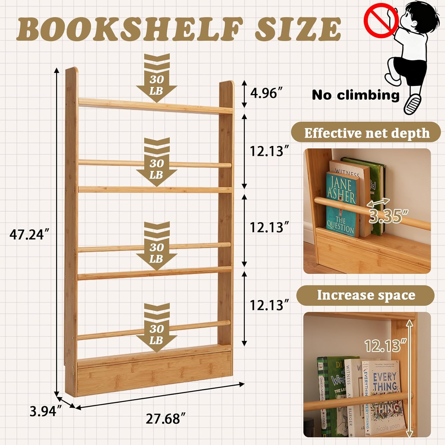 Kids Bookshelf, 4 Tier Shelves Behind The Door Book Shelf Storage, Children's Bamboo Bookcase Space- Saving, Wall Mount Bookshelf for Bedroom, Living Room (Natural Bamboo) KQSJ-70-4C