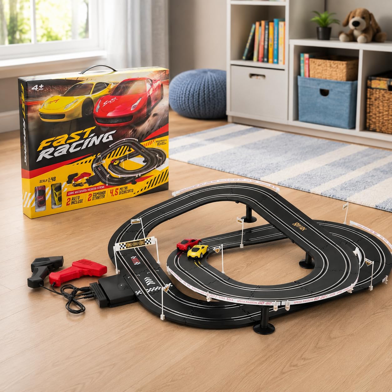Circuito de carreras de 4,5 metros, pistas de carreras, dos coches, pistas eléctricas, control remoto, circuito eléctrico de carreras, dos coches y controlador (A)