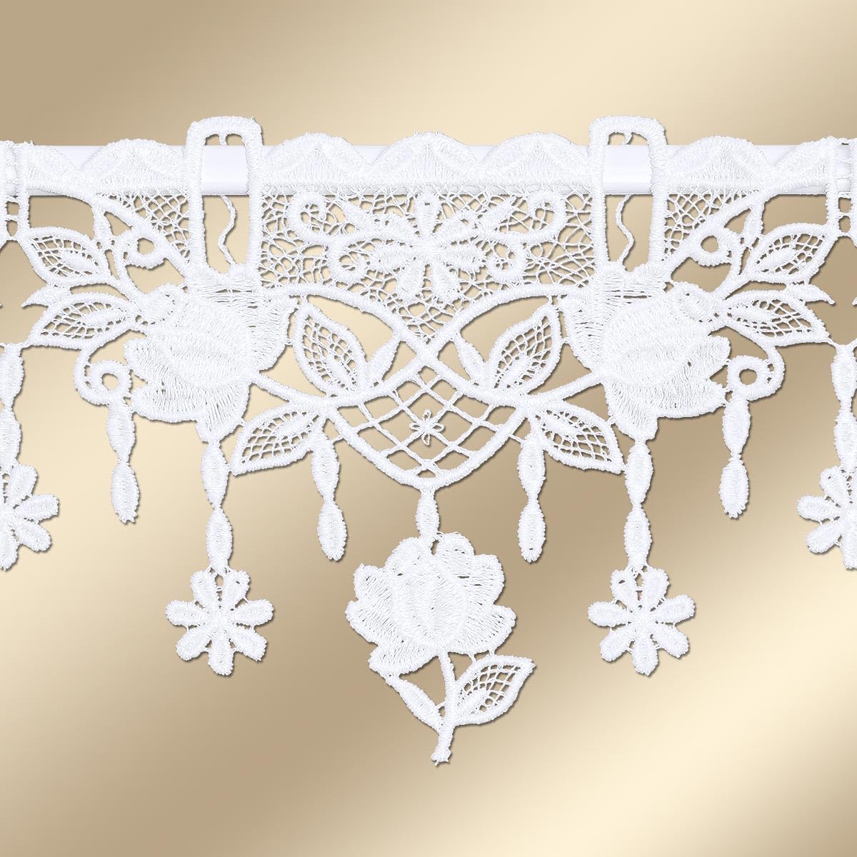 Feenhaus-Spitzengardine Taja Rose Plauener Spitze floraler Mini-Scheibenhänger mit klassischem Blumenmotiv weiß 13 x 96 cm