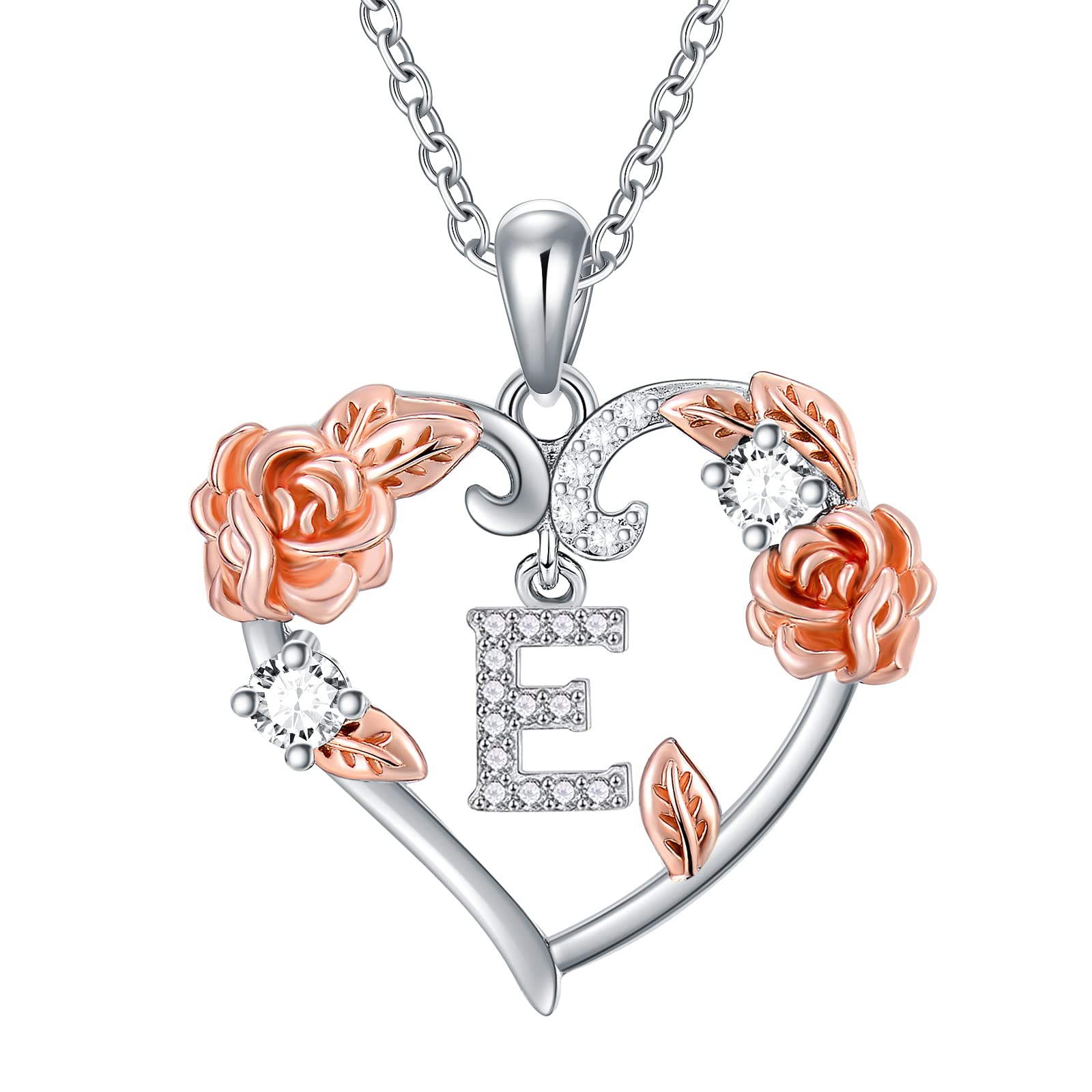 AOBOCO Rose Heart Necklaces Christmas Gifts for Women, 925 Sterling Silver Rose Love Heart Initial Letter Pendant Necklace Jewelry Mothers Day Lover