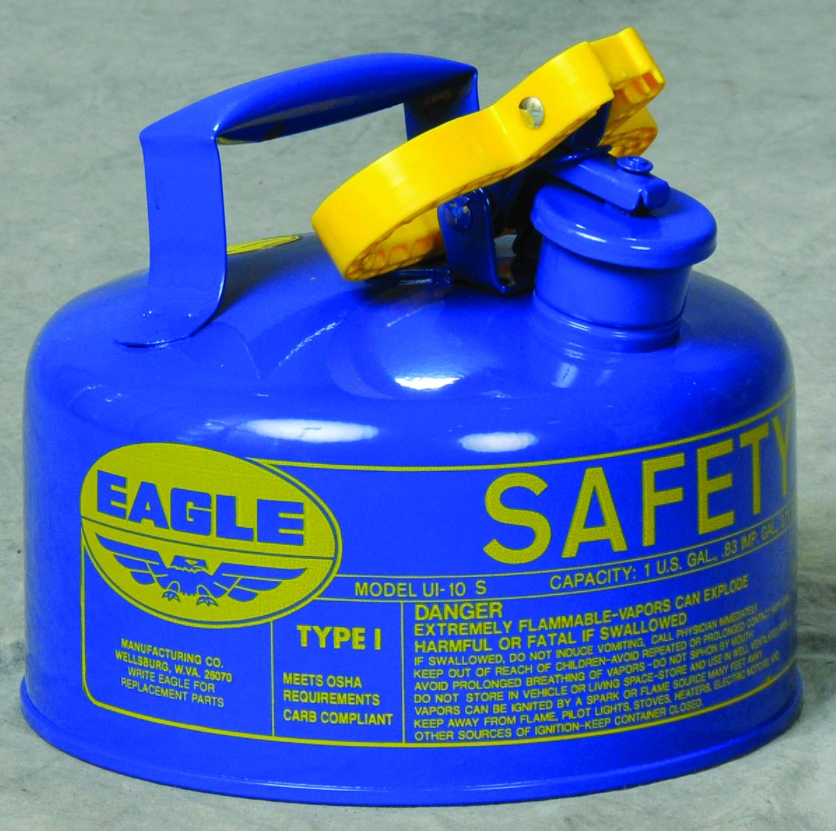 Eagle 1 Gallon Type I Blue Safety Gas Can for Kerosene with Flame Arrester and Self-Closing Lid, Made in the USA, Galvanized Steel Flammable Storage Can, UI10SB