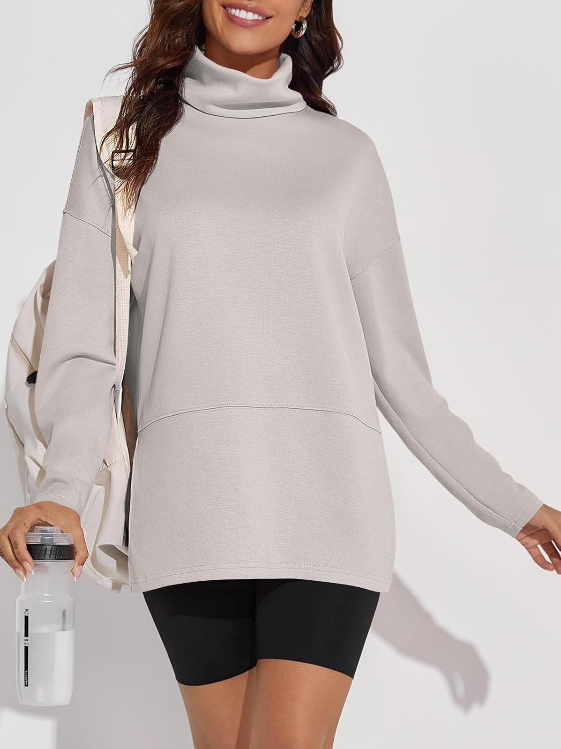 Fisoew Women's Turtleneck Oversized Sweatshirt Casual Long Sleeve Loose Side Slit Pullovers Tunic Tops - Image 5