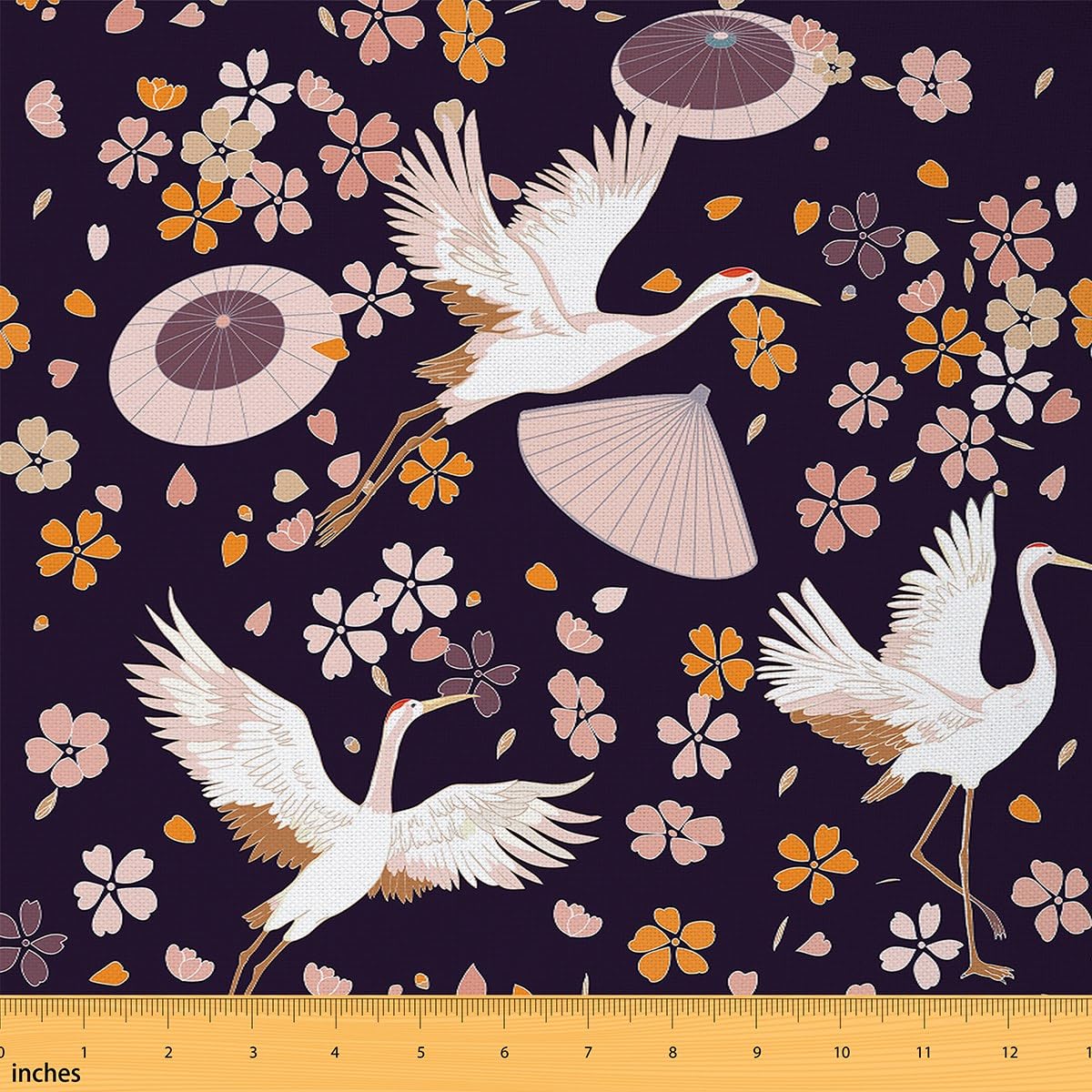 Red-Crowned Crane Fabric by The Yard,Watercolor Pink Cherry Blossom Upholstery Fabric for Chairs,Japanese Style Decorative Fabric,Oil Paper Umbrella Pattern Sewing Supplies,10 Yards