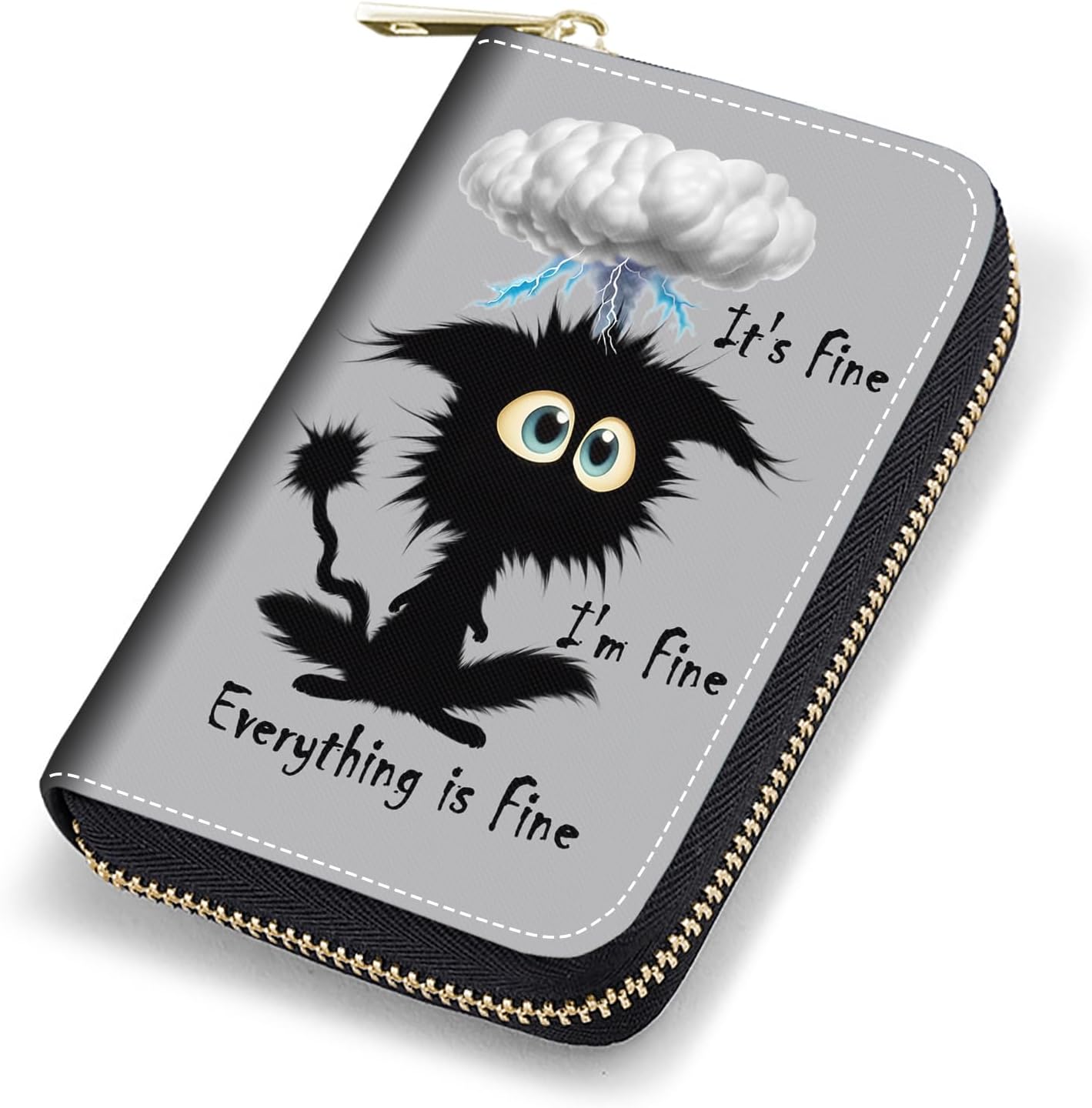 Credit Card Holder Wallets for Women, RFID Blocking Small Leather Card Case Wallet with Zipper Accordion Wallets, Funny Cat - It's Fine I'm Fine Everything is Fine