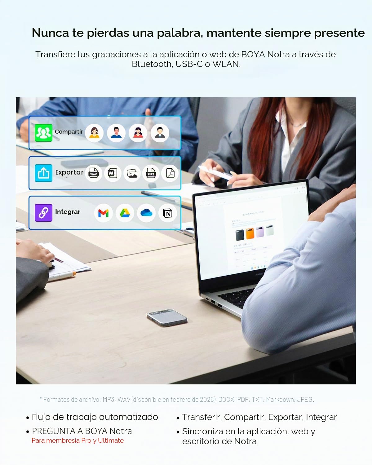 BOYA Notra - Grabadora de Voz AI, Captura de 3 Modos: Ambiente/Llamada telefónica/Bluetooth, transcripción de IA y Resumen Inteligente, Compatible con más de 140 Idiomas, Almacenamiento de 64 GB
