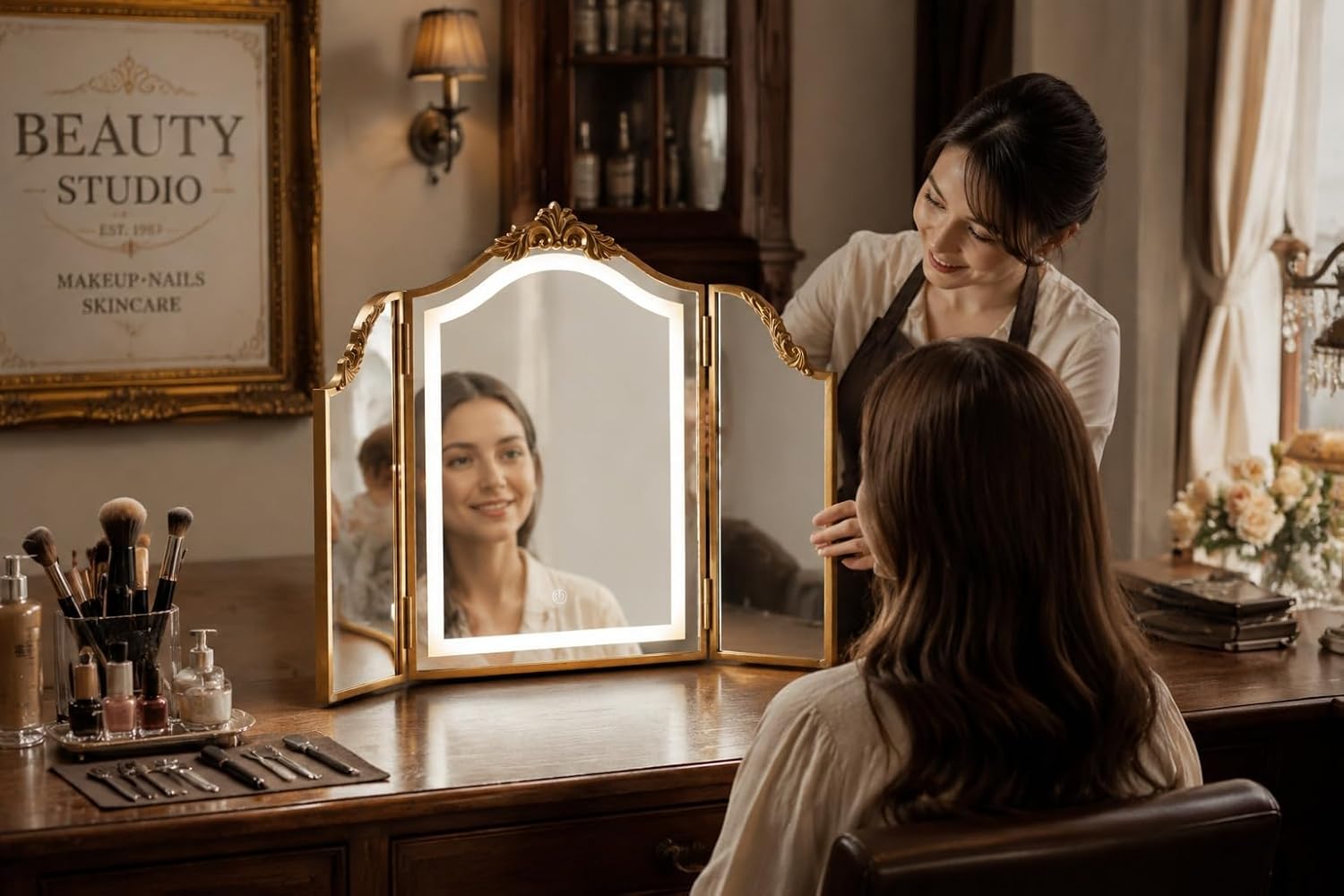 Antique Gold Triple Fold Makeup Mirror, 31x23 Inch Baroque Vintage Vanity Mirror, Tri-Color Dimmable LED Touch Lighted Mirror, Foldable Bohemian Decor for Bedroom Dressing Room