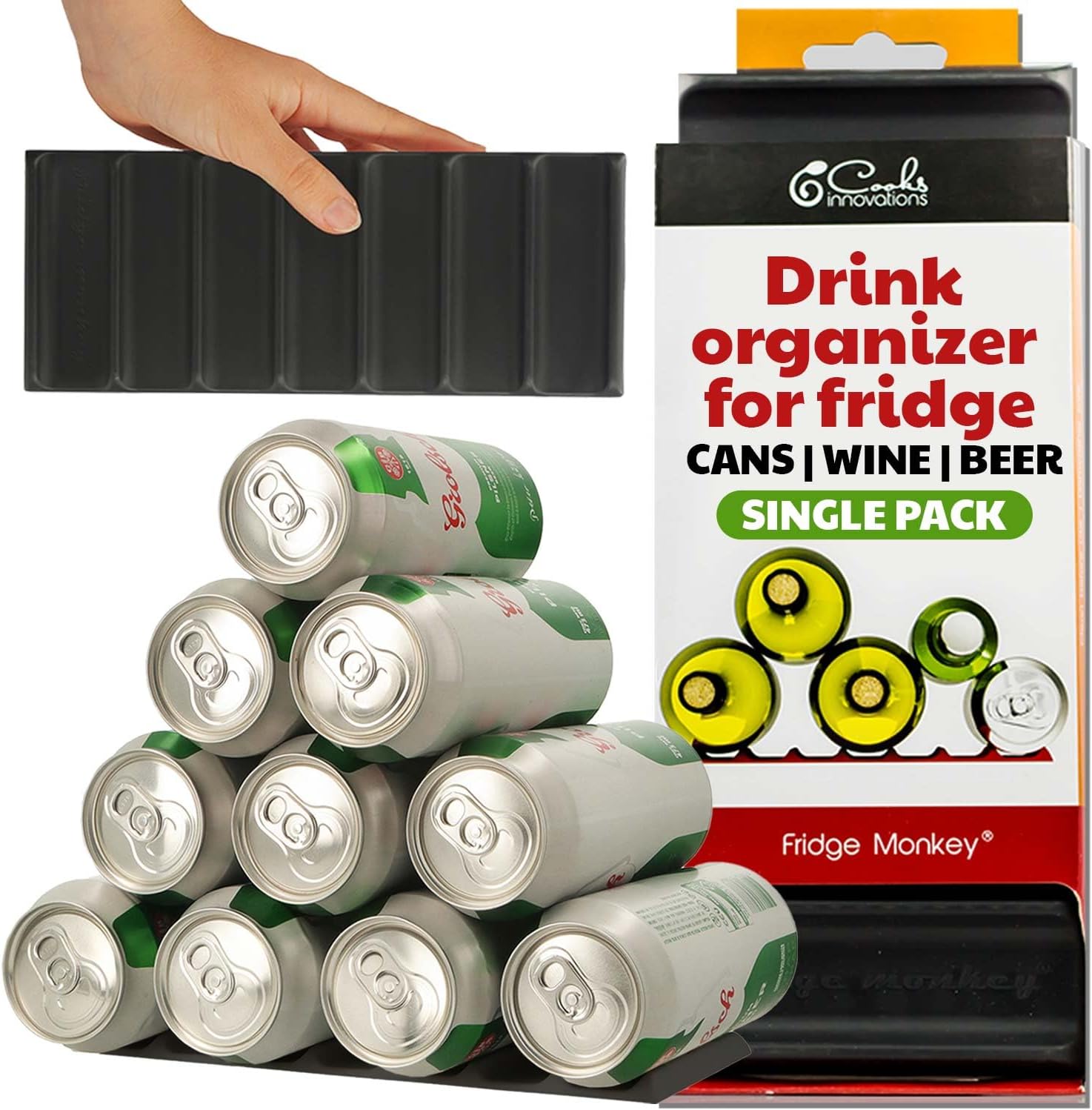 Cooks Innovations Drink Organizer for Fridge, 1 Pack Soda Can Refrigerator Organizers and Storage, Beer-Wine-Water Bottle Holder, Fridge Monkey - Durable Non-Slip & Roll