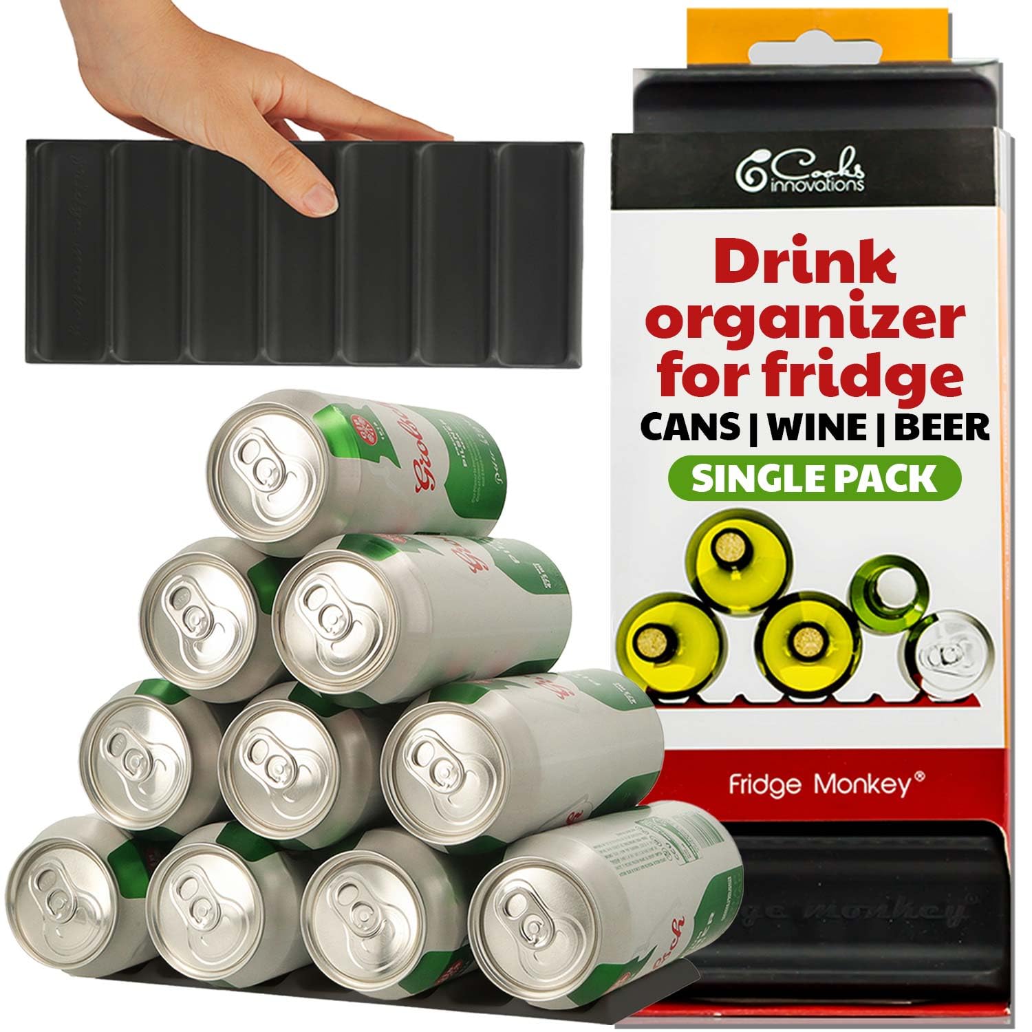 Cooks Innovations Drink Organizer for Fridge, Soda Can Refrigerator Organizers and Storage, Beer-Wine-Water Bottle Holder, Fridge Monkey - Durable Non-Slip&Roll