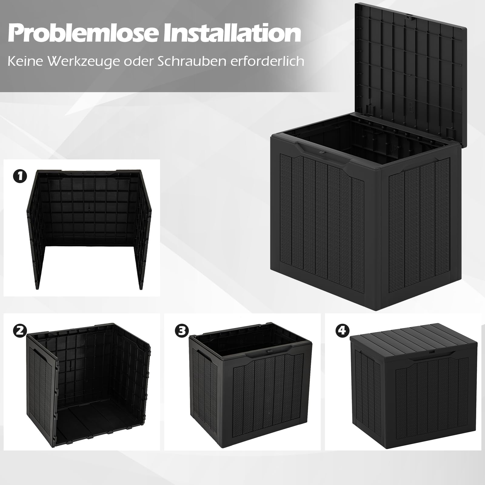 COSTWAY Gartenbox 106L, Auflagenbox mit abschließbarem Deckel & Rattanoptik, Wetterfeste Aufbewahrungsbox, Kissenbox für Poolzubehör, Gartengeräte, Pakete, Gartenmöbel, 56 x 41 x 50,5 cm (Schwarz)
