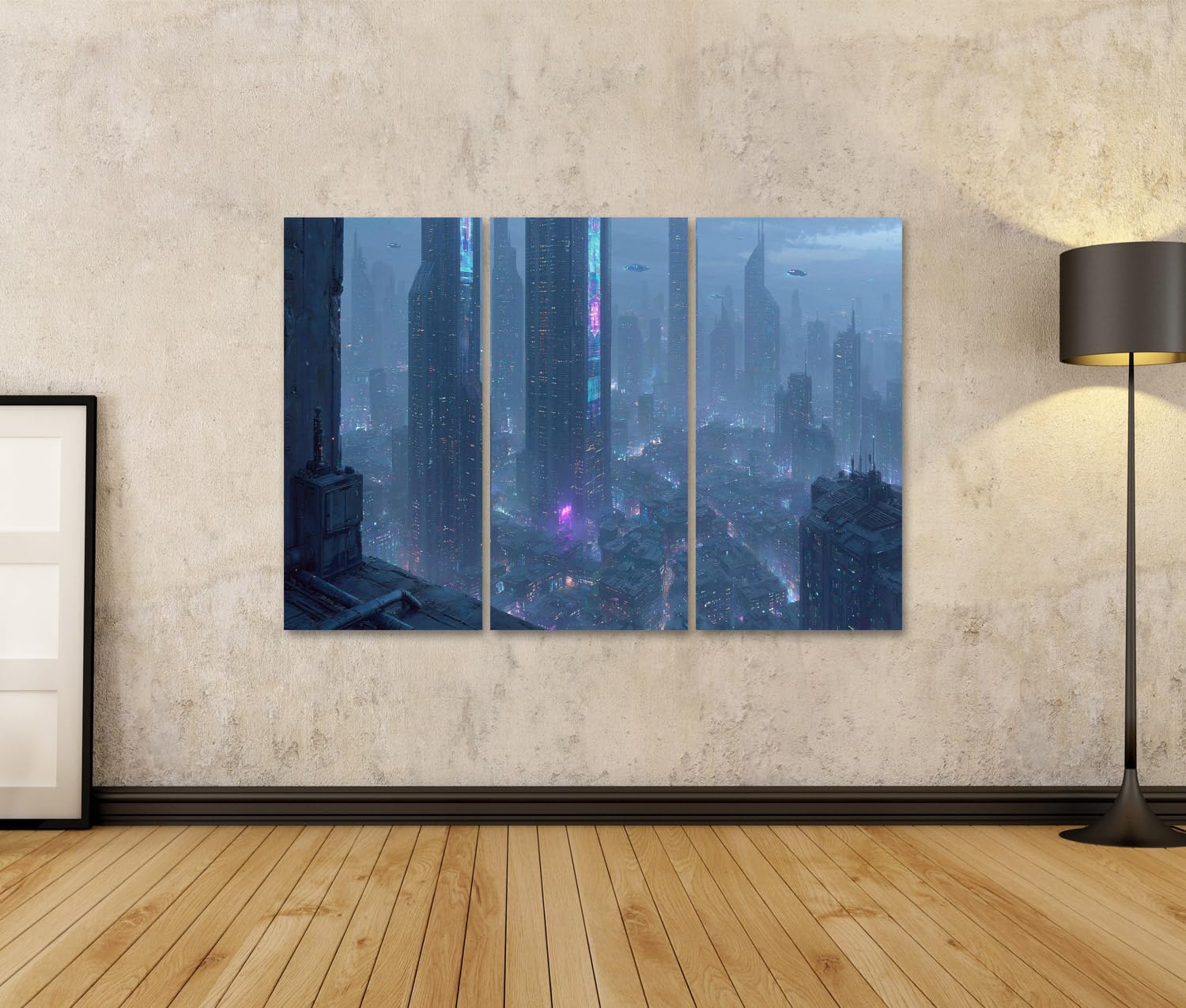 islandburner Quadro su tela Futuristico Cyberpunk Urbano Murale Ufficio per gli appassionati di fantascienza - 3 pezzi